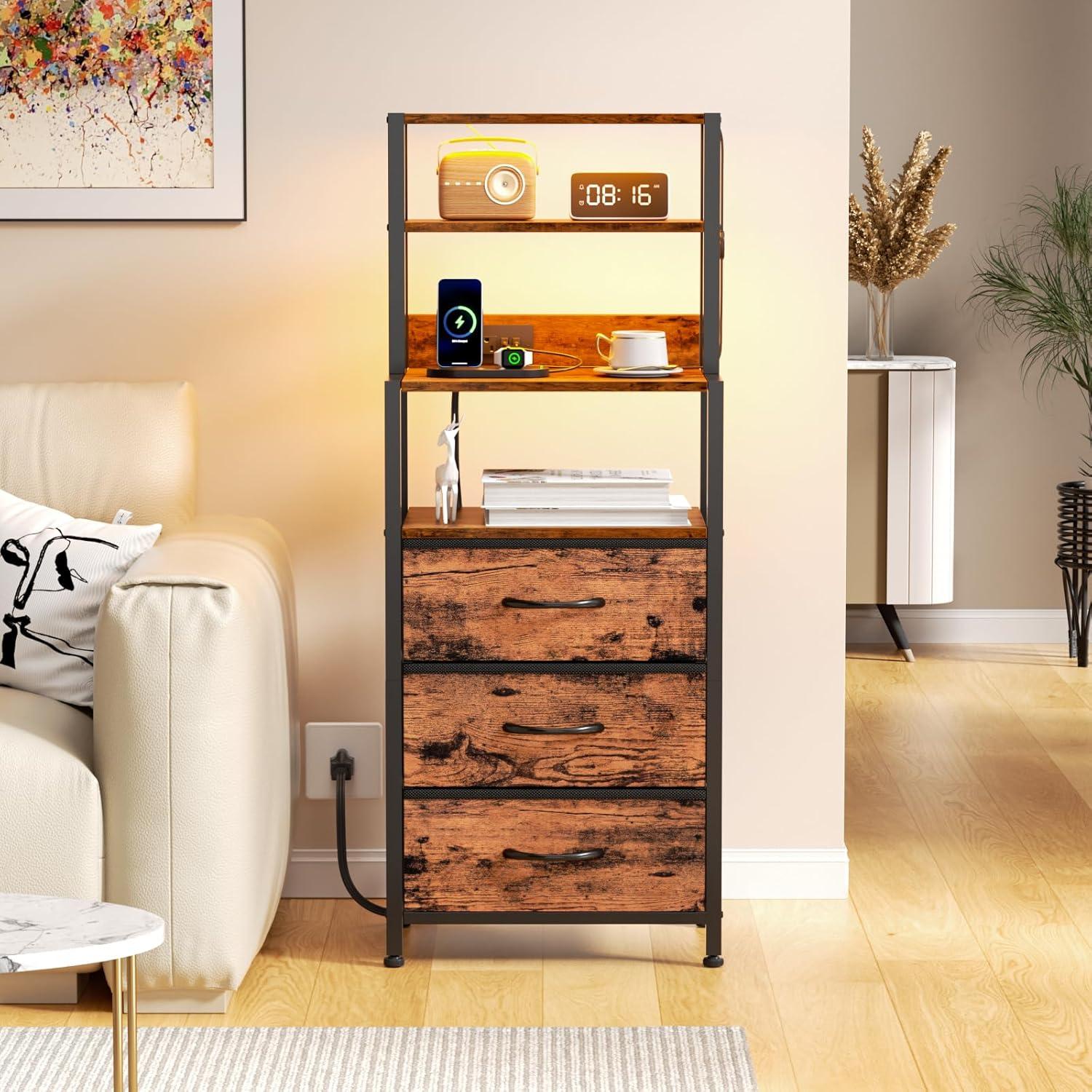 imageFurnulem Night Stand Tall Nightstand with 4Tier Shelves and 3 Fabric Drawers LED Bed Side Tables with Charging Station Bedside Table for Bedroom Hallway Home Office Black OakRustic Brown