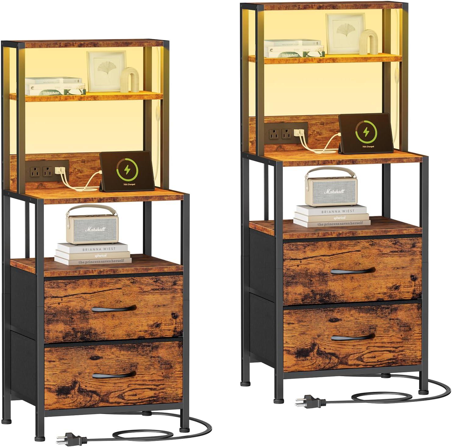 imageFurnulem Night Stand Tall Nightstand with 4Tier Shelves and 3 Fabric Drawers LED Bed Side Tables with Charging Station Bedside Table for Bedroom Hallway Home Office Black OakRustic Brown