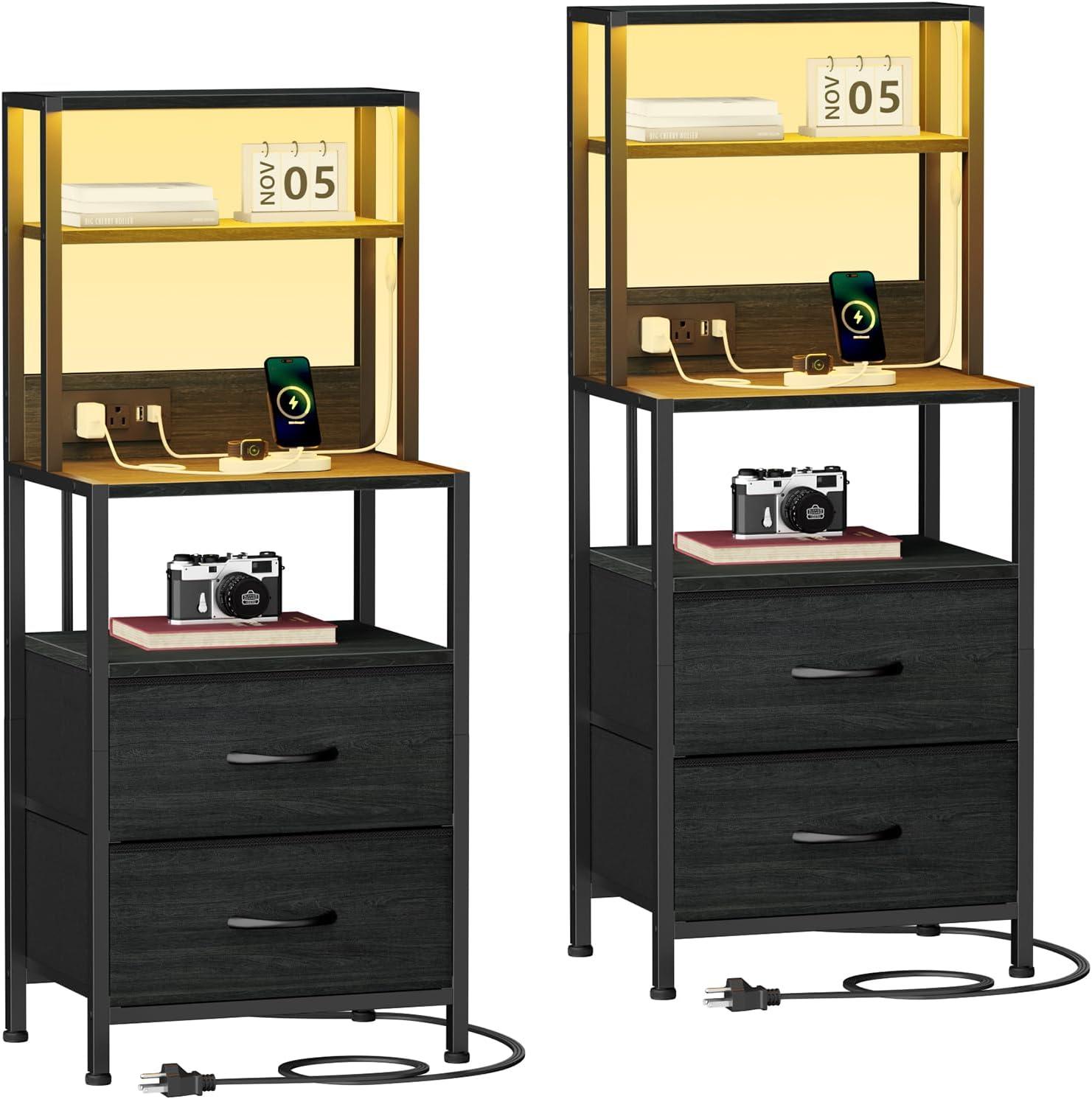 imageFurnulem Night Stand Tall Nightstand with 4Tier Shelves and 3 Fabric Drawers LED Bed Side Tables with Charging Station Bedside Table for Bedroom Hallway Home Office Black OakBlack Oak