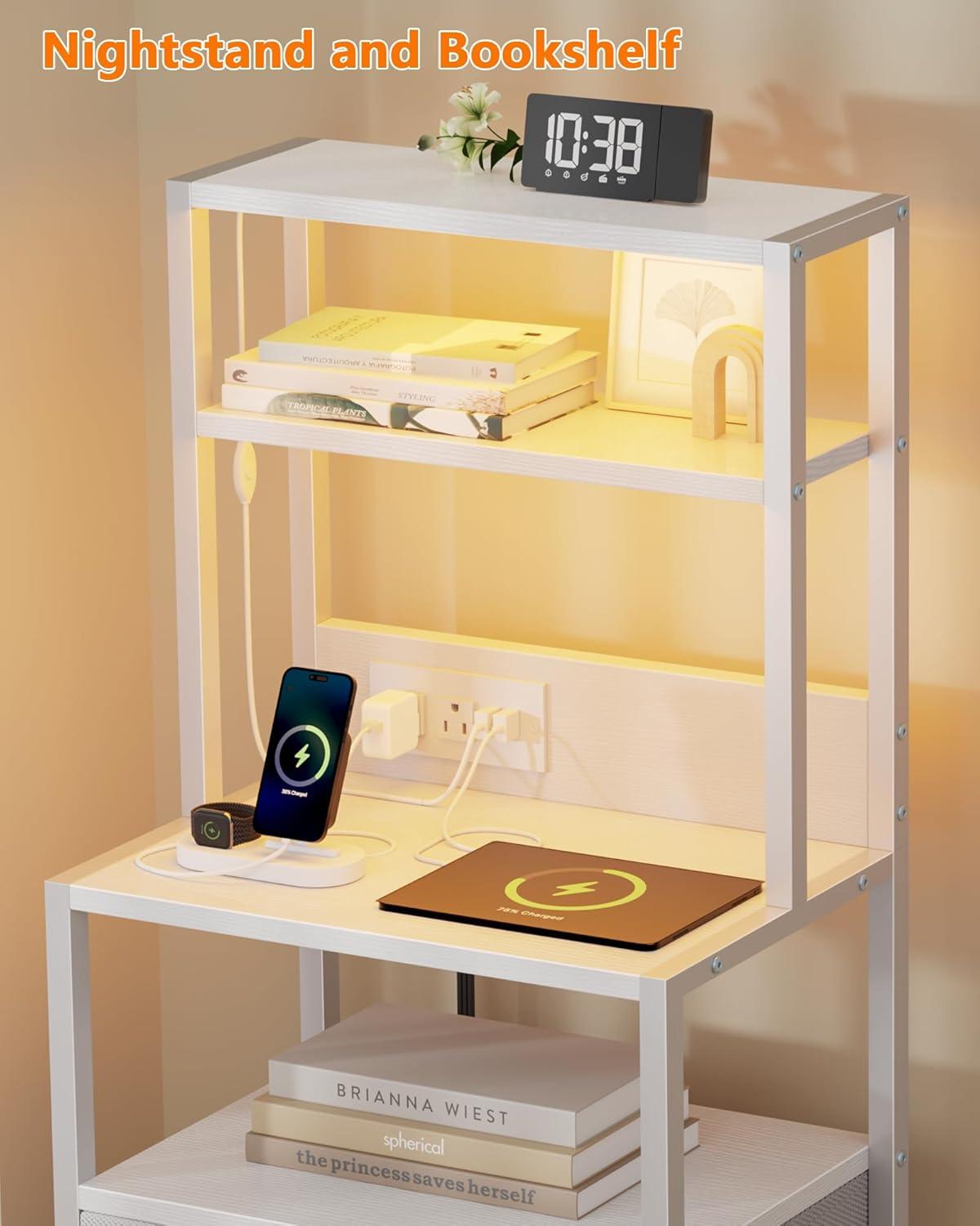 imageFurnulem Night Stand Tall Nightstand with 4Tier Shelves and 3 Fabric Drawers LED Bed Side Tables with Charging Station Bedside Table for Bedroom Hallway Home Office Black OakWhite