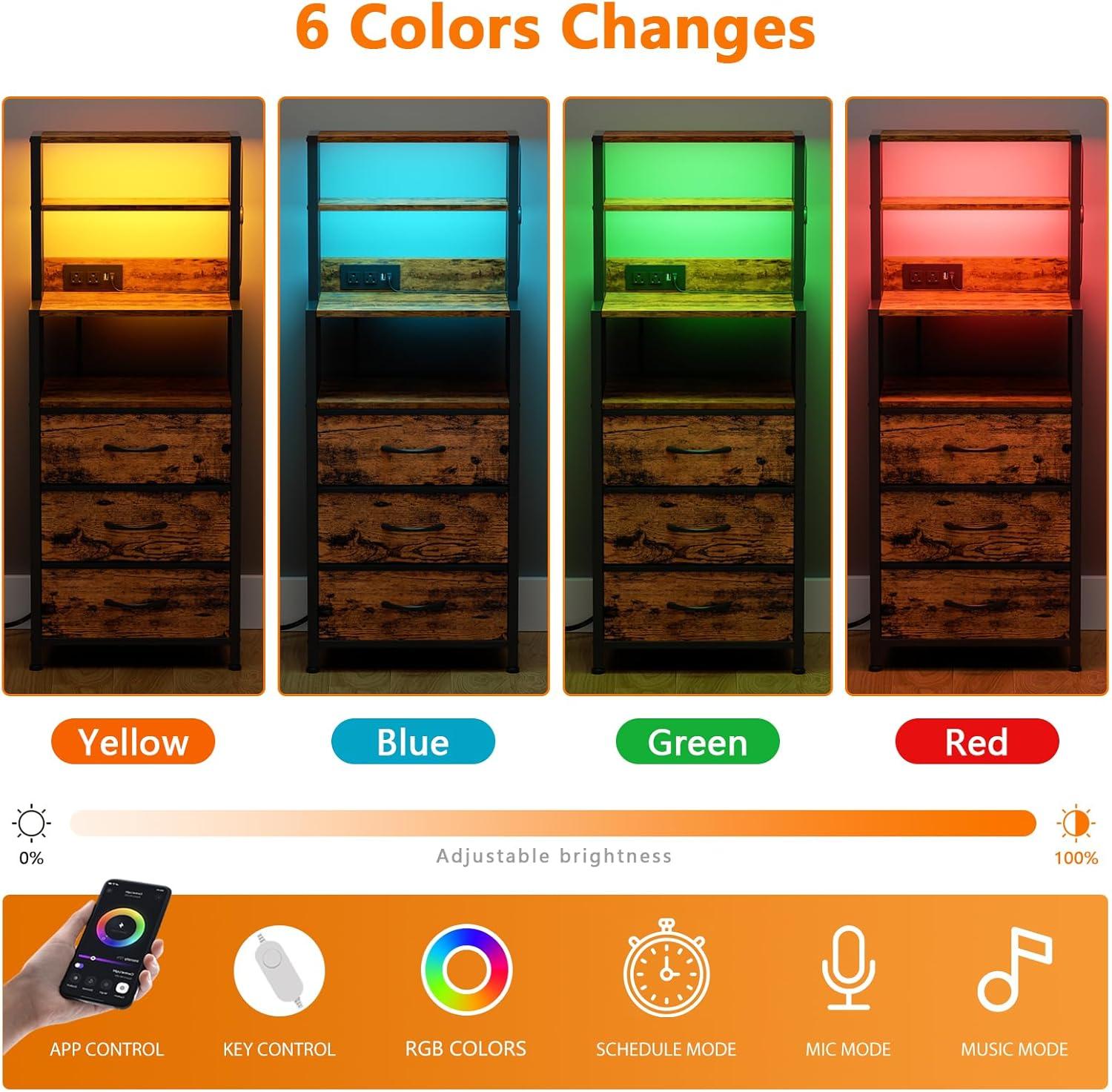 imageFurnulem Night Stand Tall Nightstand with 4Tier Shelves and 3 Fabric Drawers LED Bed Side Tables with Charging Station Bedside Table for Bedroom Hallway Home Office Black OakRustic Brown