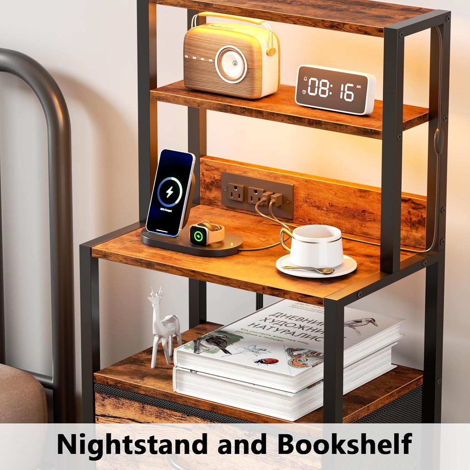 imageFurnulem Night Stand Tall Nightstand with 4Tier Shelves and 3 Fabric Drawers LED Bed Side Tables with Charging Station Bedside Table for Bedroom Hallway Home Office Black OakRustic Brown