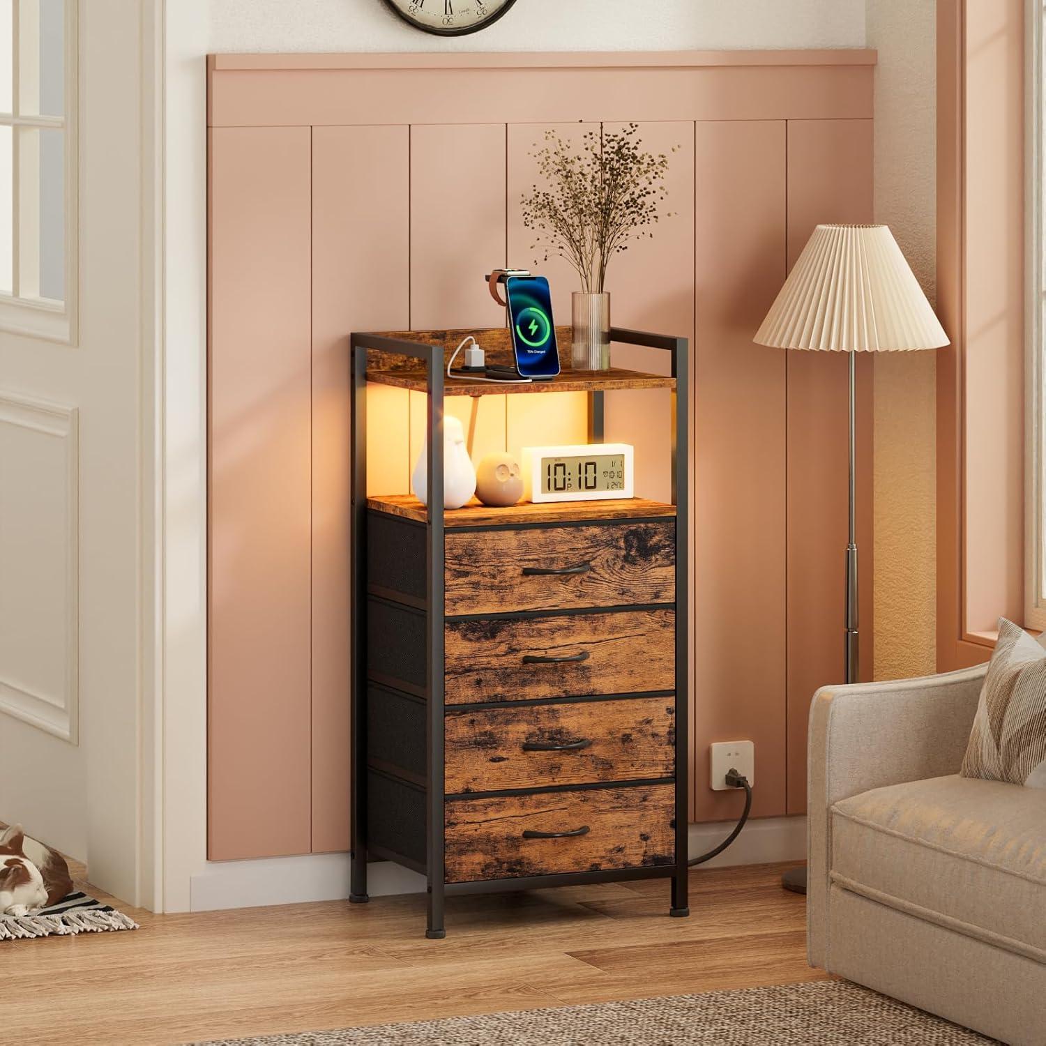 imageFurnulem Night Stand with Charging Station and Led Light 4 Drawer Dresser for Bedroom Small Nightstand Bedside Table Fabric Bins Metal Frame Wood Shelf Side FurnitureRustic BrownRustic Brown