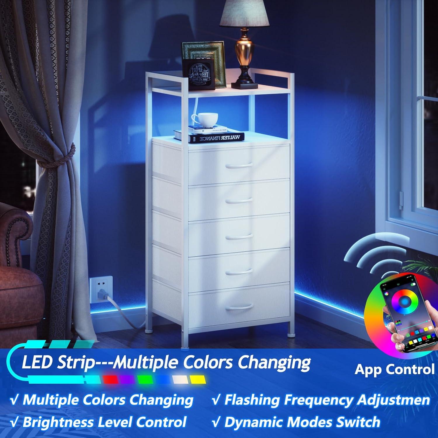 imageFurnulem Night Stand with Charging Station and Led Light 4 Drawer Dresser for Bedroom Small Nightstand Bedside Table Fabric Bins Metal Frame Wood Shelf Side FurnitureRustic BrownWhite