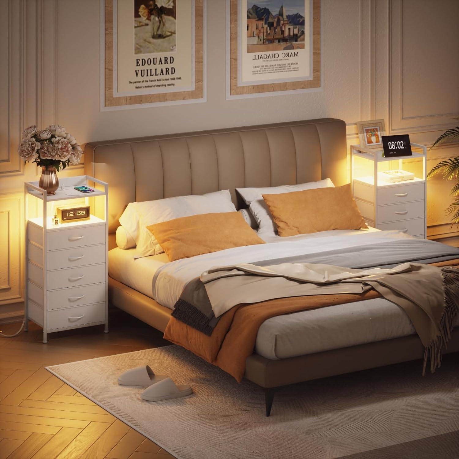 imageFurnulem Night Stand with Charging Station and Led Light 4 Drawer Dresser for Bedroom Small Nightstand Bedside Table Fabric Bins Metal Frame Wood Shelf Side FurnitureRustic BrownWhite