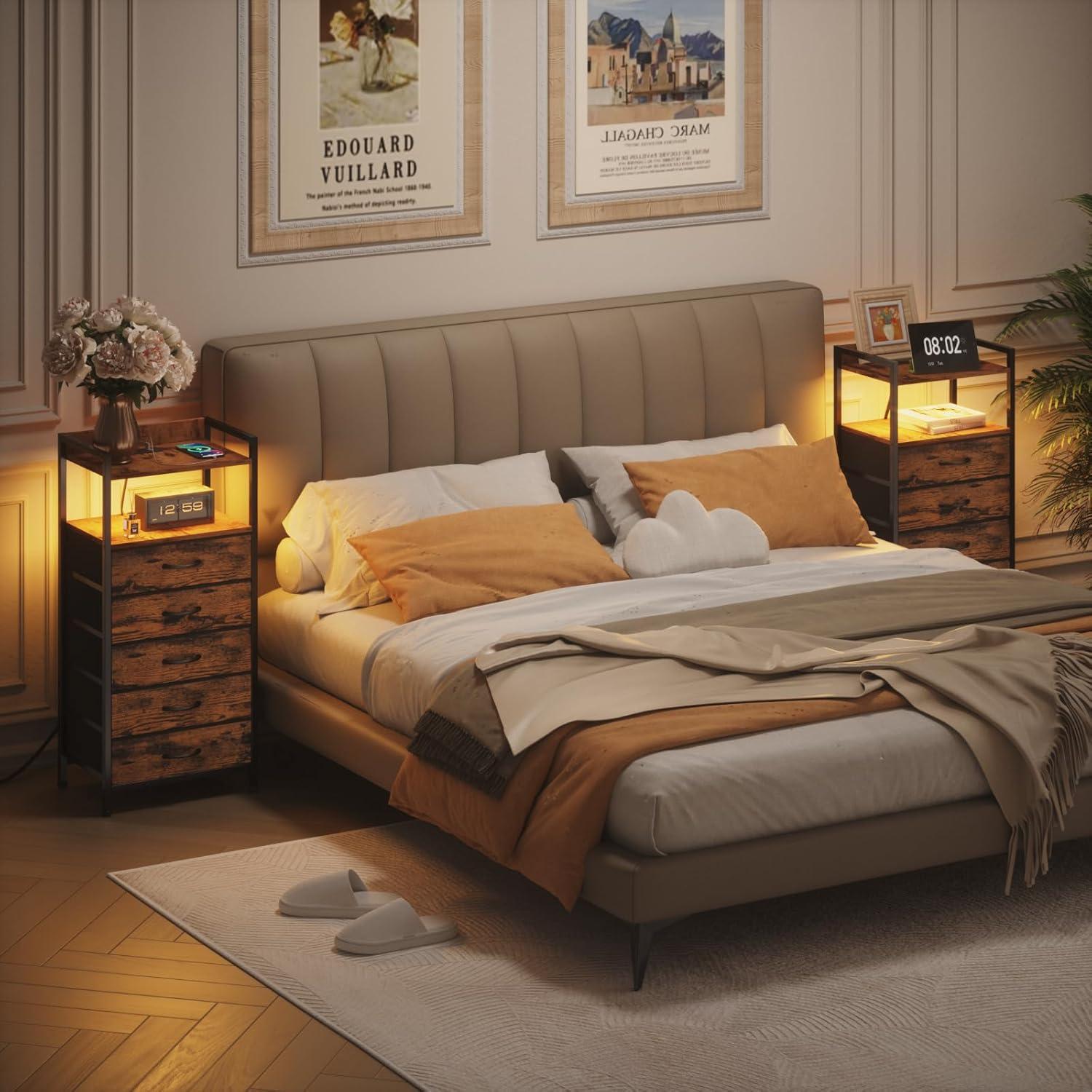 imageFurnulem Night Stand with Charging Station and Led Light 4 Drawer Dresser for Bedroom Small Nightstand Bedside Table Fabric Bins Metal Frame Wood Shelf Side FurnitureRustic BrownRustic Brown