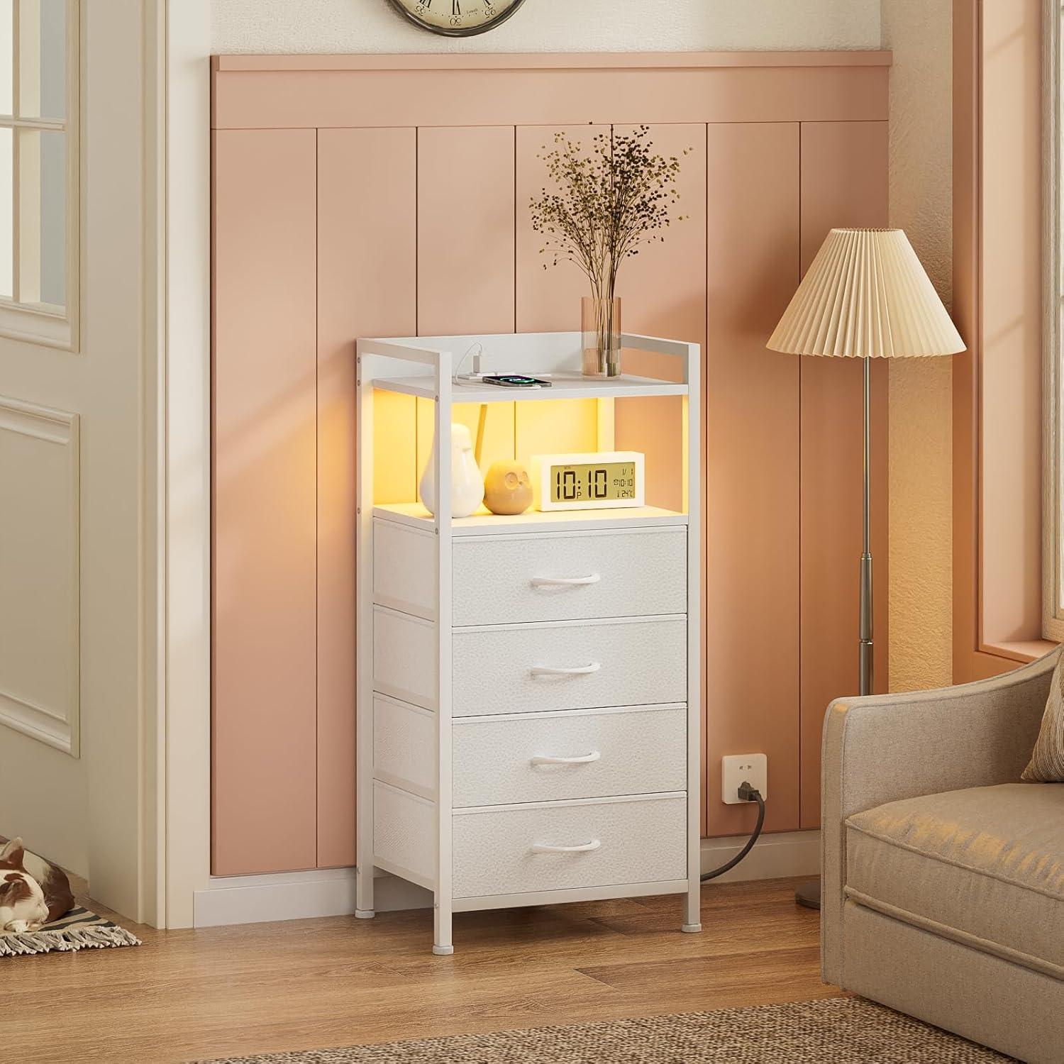 imageFurnulem Night Stand with Charging Station and Led Light 4 Drawer Dresser for Bedroom Small Nightstand Bedside Table Fabric Bins Metal Frame Wood Shelf Side FurnitureRustic BrownWhite