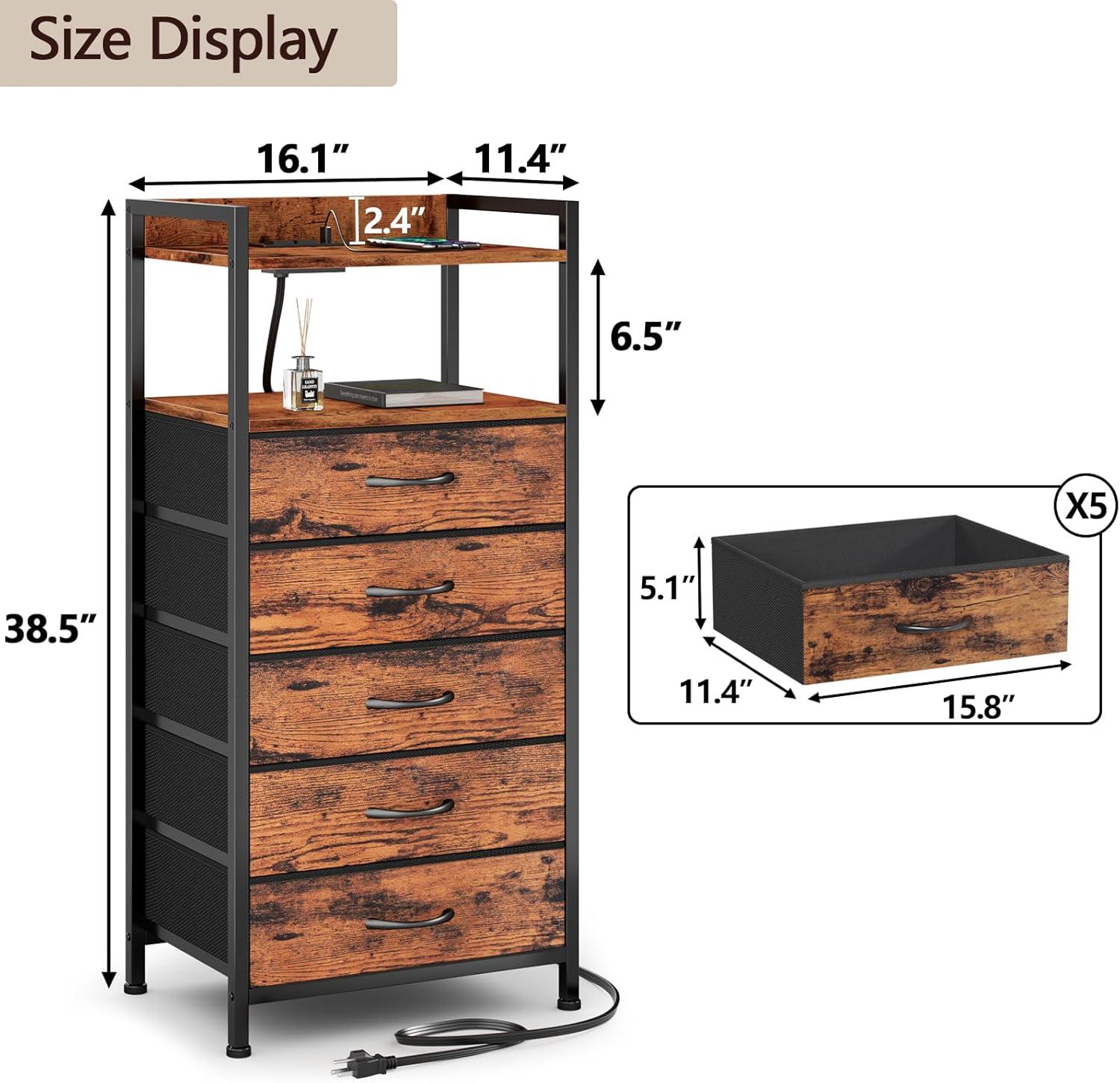 imageFurnulem Night Stand with Charging Station and Led Light 4 Drawer Dresser for Bedroom Small Nightstand Bedside Table Fabric Bins Metal Frame Wood Shelf Side FurnitureRustic BrownRustic Brown