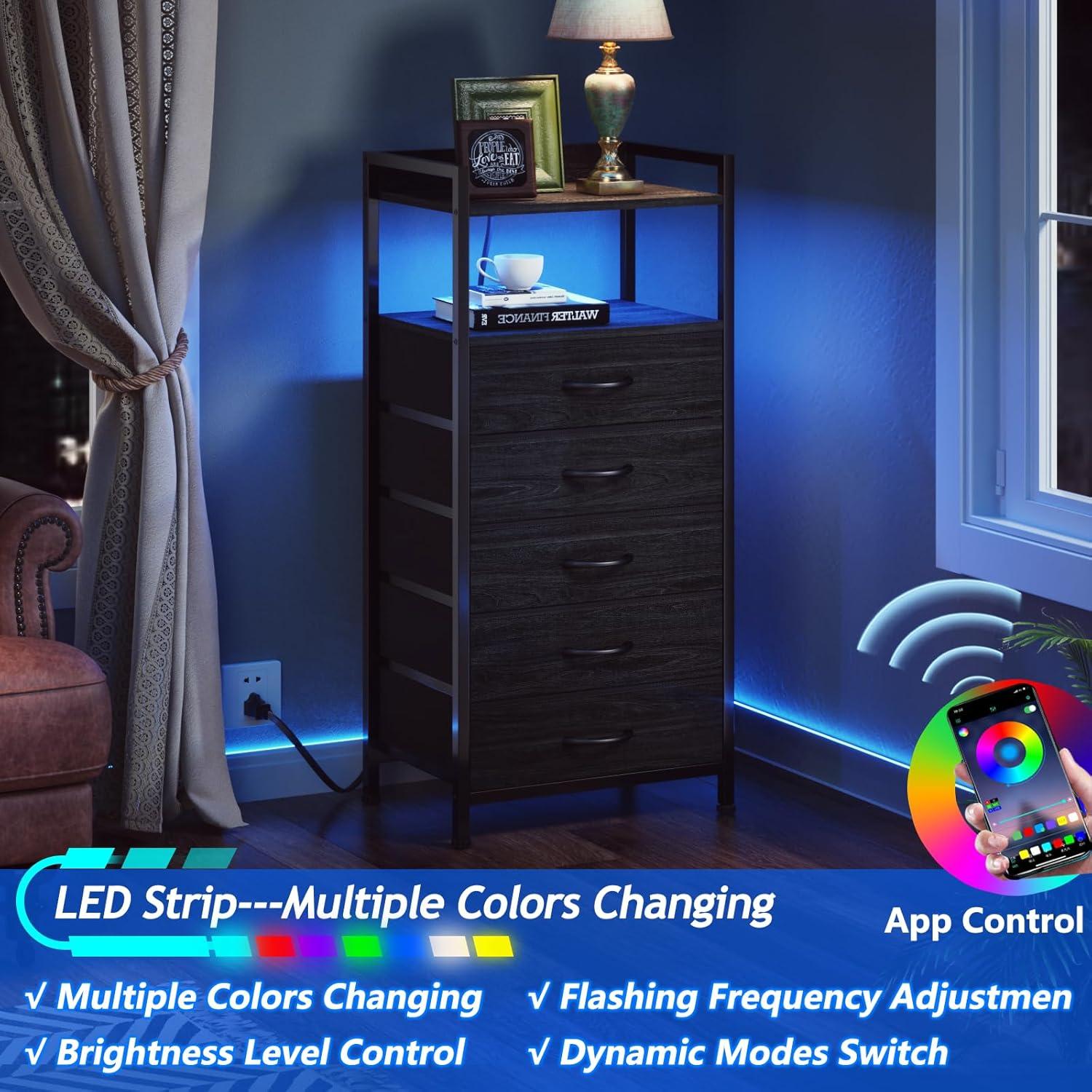 imageFurnulem Night Stand with Charging Station and Led Light 4 Drawer Dresser for Bedroom Small Nightstand Bedside Table Fabric Bins Metal Frame Wood Shelf Side FurnitureRustic BrownBlack Oak