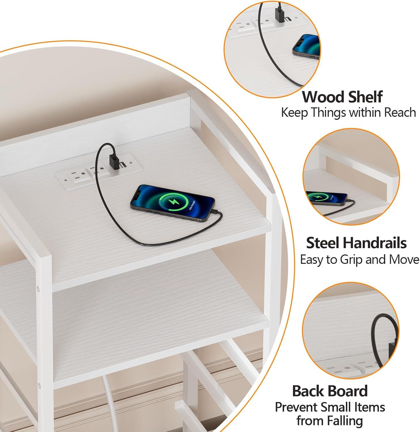 imageFurnulem Night Stand with Charging Station and Led Light 4 Drawer Dresser for Bedroom Small Nightstand Bedside Table Fabric Bins Metal Frame Wood Shelf Side FurnitureRustic BrownWhite