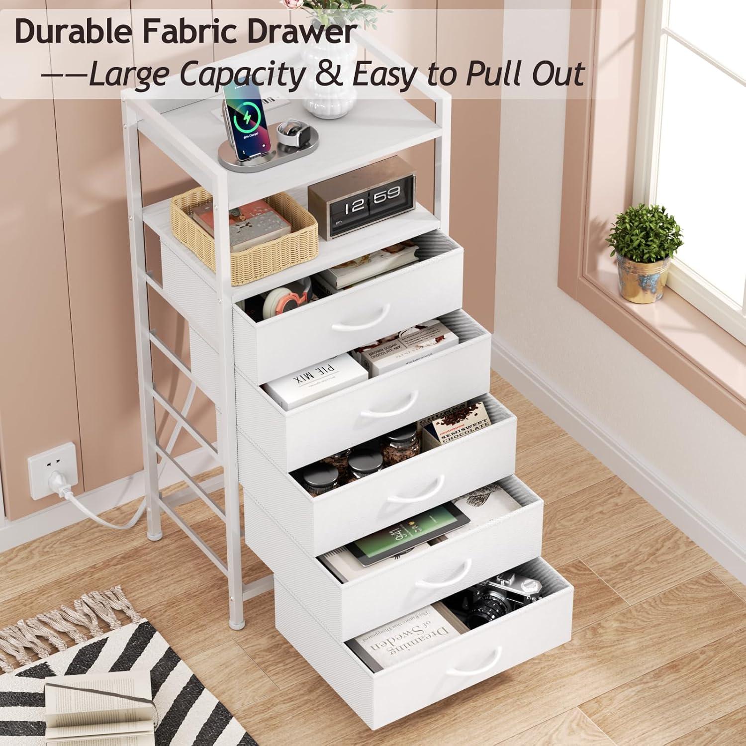 imageFurnulem Night Stand with Charging Station and Led Light 4 Drawer Dresser for Bedroom Small Nightstand Bedside Table Fabric Bins Metal Frame Wood Shelf Side FurnitureRustic BrownWhite