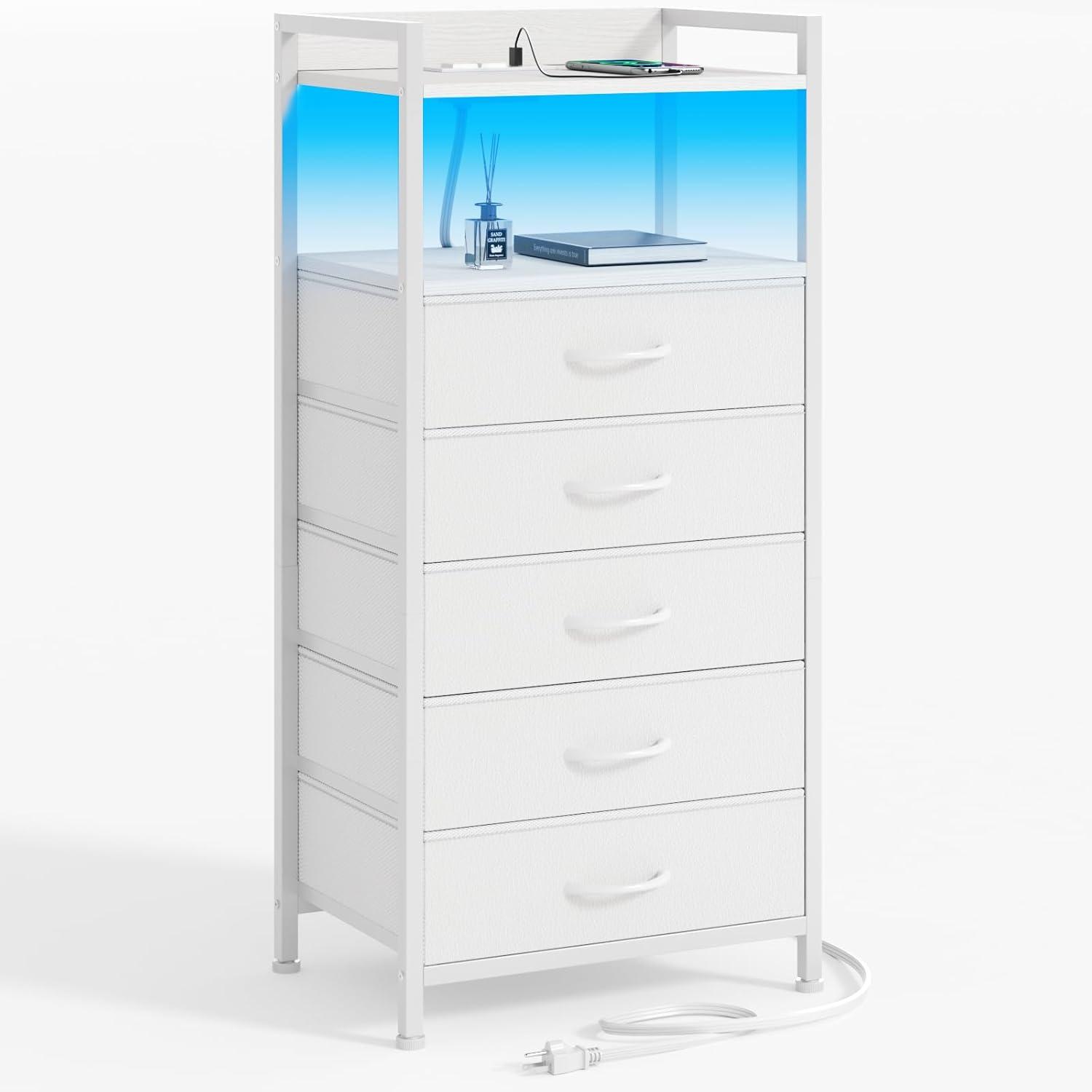 imageFurnulem Night Stand with Charging Station and Led Light 4 Drawer Dresser for Bedroom Small Nightstand Bedside Table Fabric Bins Metal Frame Wood Shelf Side FurnitureRustic BrownWhite