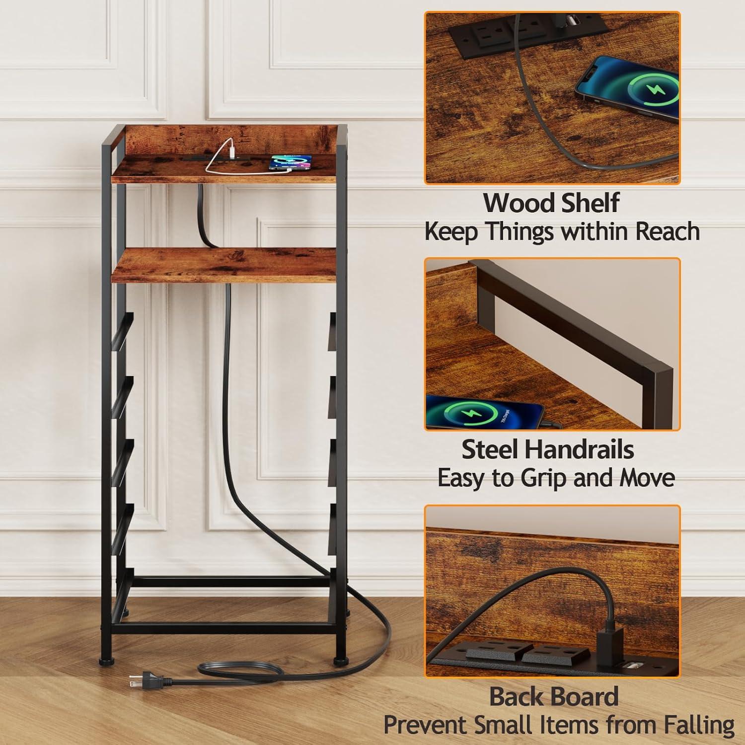 imageFurnulem Night Stand with Charging Station and Led Light 4 Drawer Dresser for Bedroom Small Nightstand Bedside Table Fabric Bins Metal Frame Wood Shelf Side FurnitureRustic BrownRustic Brown