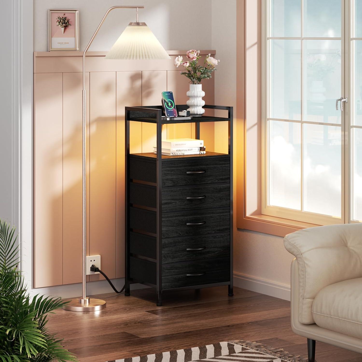 imageFurnulem Night Stand with Charging Station and Led Light 4 Drawer Dresser for Bedroom Small Nightstand Bedside Table Fabric Bins Metal Frame Wood Shelf Side FurnitureRustic BrownBlack Oak