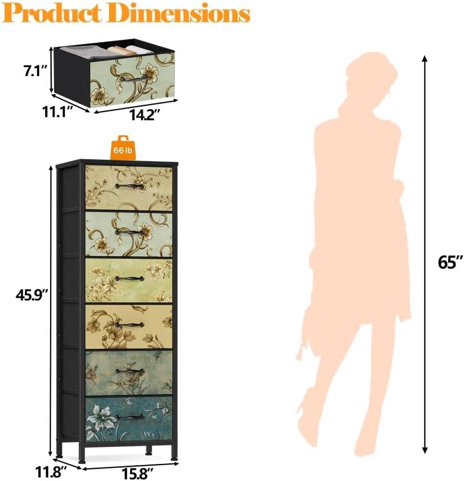 imageFurnulem Tall 6 Drawers Dresser Vintage Storage Organizer Unit with Fabric Bins for Bedroom Living Room Closet Nusery Dorm Entryway Bedside Furniture Sturdy Metal Frame Wood Top118D x 158W x 459H 6 Drawers