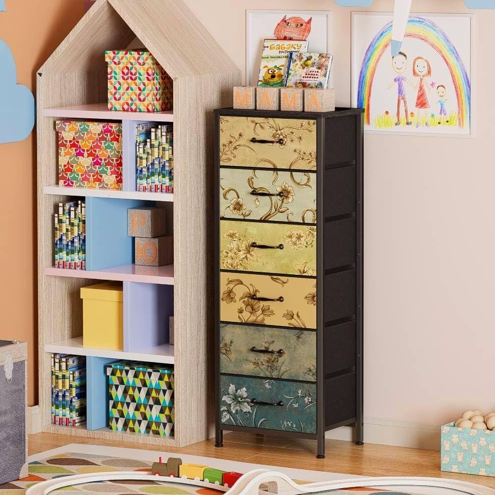imageFurnulem Tall 6 Drawers Dresser Vintage Storage Organizer Unit with Fabric Bins for Bedroom Living Room Closet Nusery Dorm Entryway Bedside Furniture Sturdy Metal Frame Wood Top118D x 158W x 459H 6 Drawers