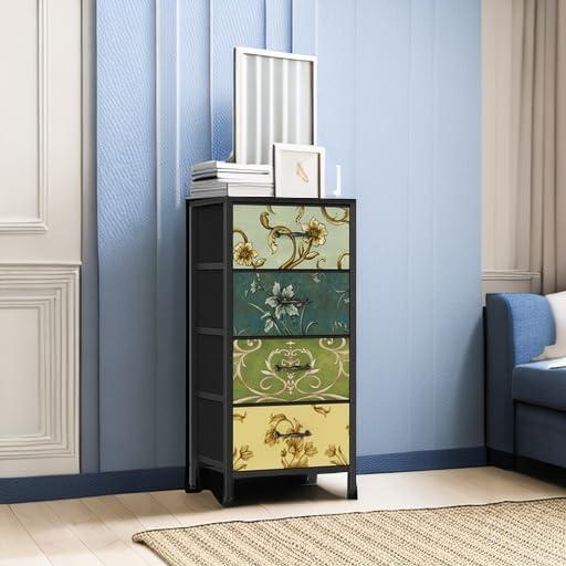 imageFurnulem Tall 6 Drawers Dresser Vintage Storage Organizer Unit with Fabric Bins for Bedroom Living Room Closet Nusery Dorm Entryway Bedside Furniture Sturdy Metal Frame Wood Top118D x 158W x 315H 4 Drawers