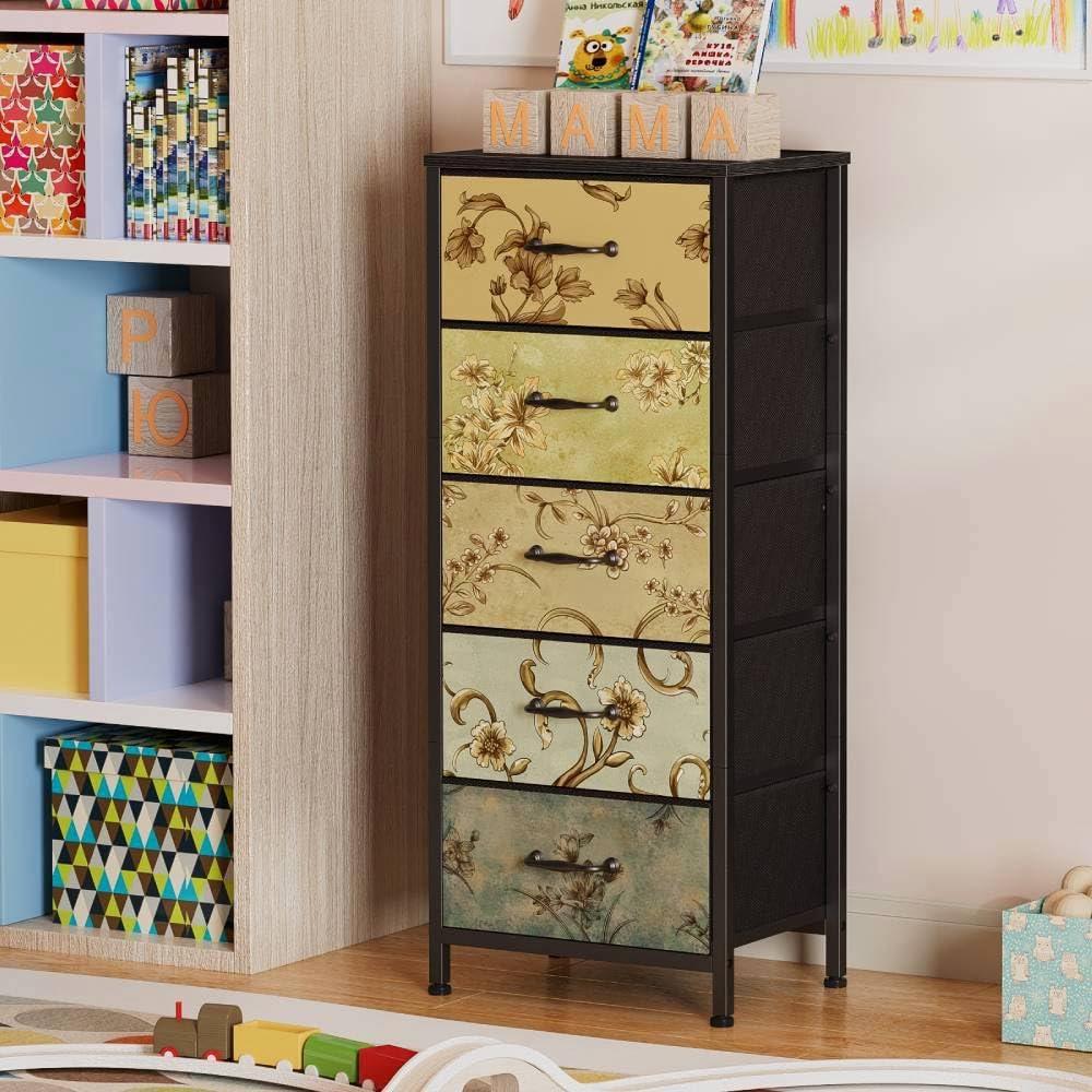 imageFurnulem Tall 6 Drawers Dresser Vintage Storage Organizer Unit with Fabric Bins for Bedroom Living Room Closet Nusery Dorm Entryway Bedside Furniture Sturdy Metal Frame Wood Top118D x 158W x 388H 5 Drawers