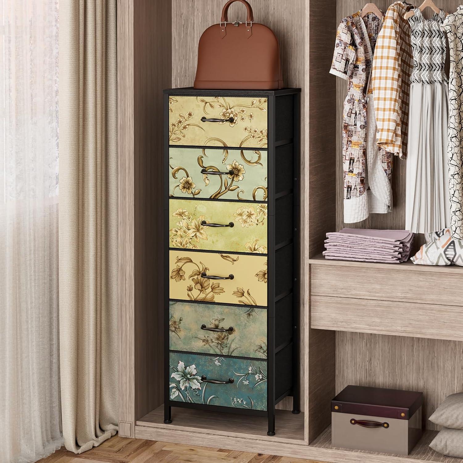 imageFurnulem Tall 6 Drawers Dresser Vintage Storage Organizer Unit with Fabric Bins for Bedroom Living Room Closet Nusery Dorm Entryway Bedside Furniture Sturdy Metal Frame Wood Top118D x 158W x 459H 6 Drawers