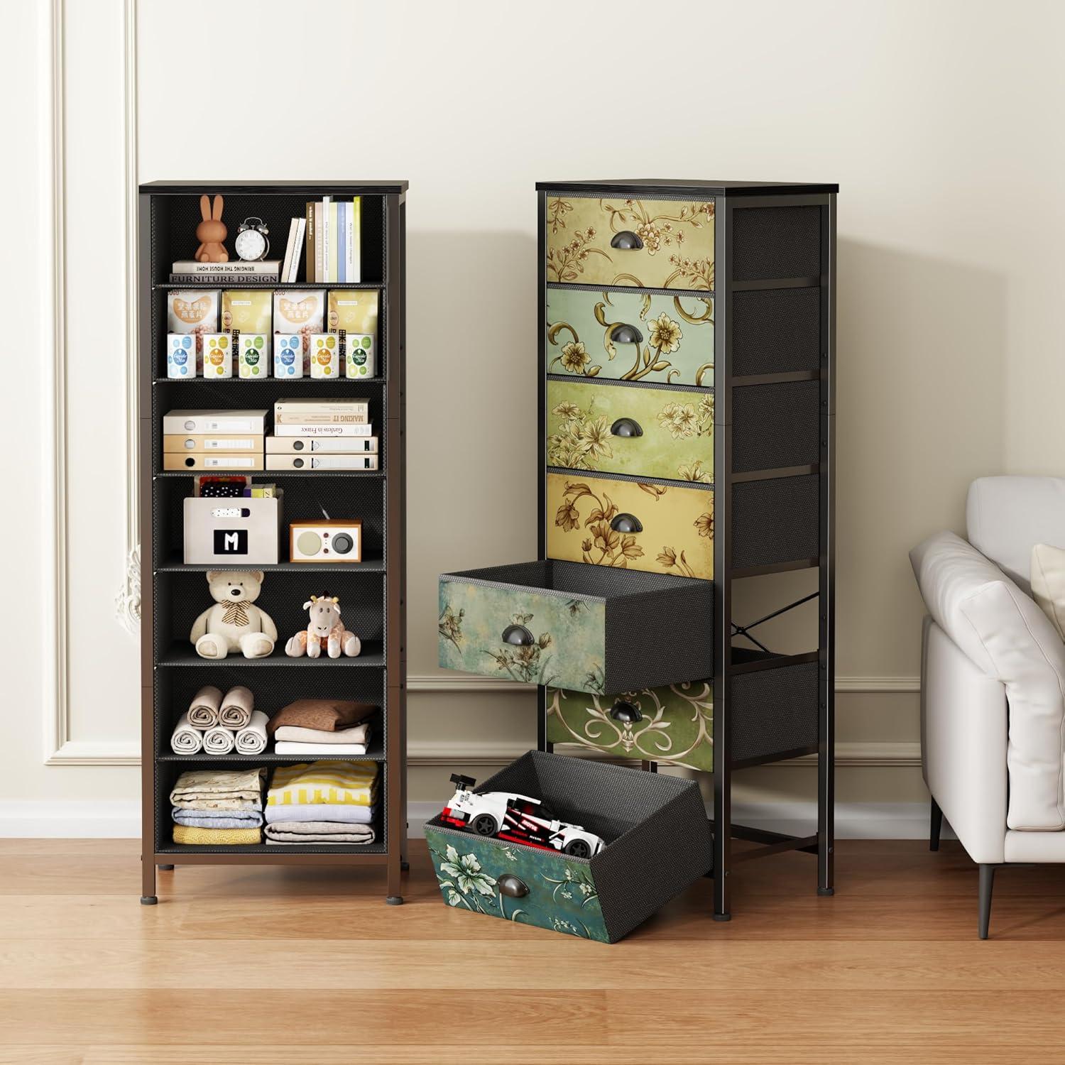 imageFurnulem Tall 6 Drawers Dresser Vintage Storage Organizer Unit with Fabric Bins for Bedroom Living Room Closet Nusery Dorm Entryway Bedside Furniture Sturdy Metal Frame Wood Top158D x 433W x 114H 7 Drawers