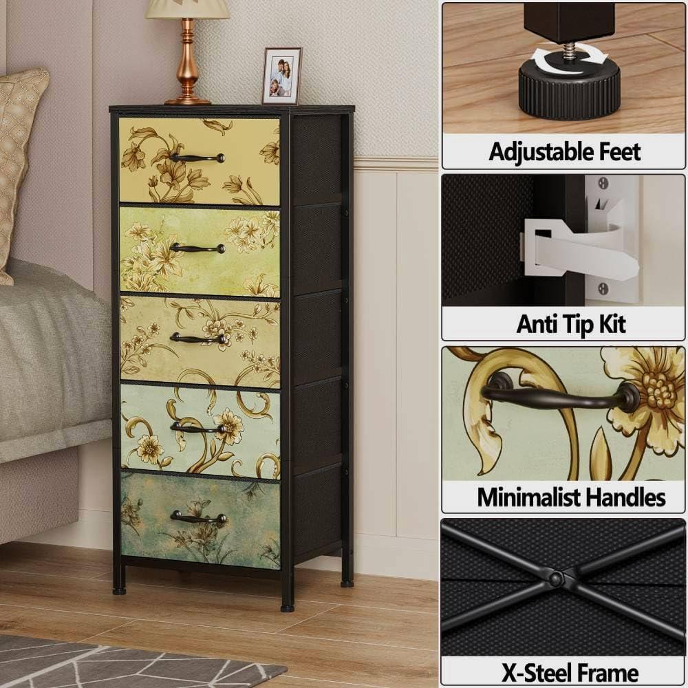 imageFurnulem Tall 6 Drawers Dresser Vintage Storage Organizer Unit with Fabric Bins for Bedroom Living Room Closet Nusery Dorm Entryway Bedside Furniture Sturdy Metal Frame Wood Top118D x 158W x 388H 5 Drawers