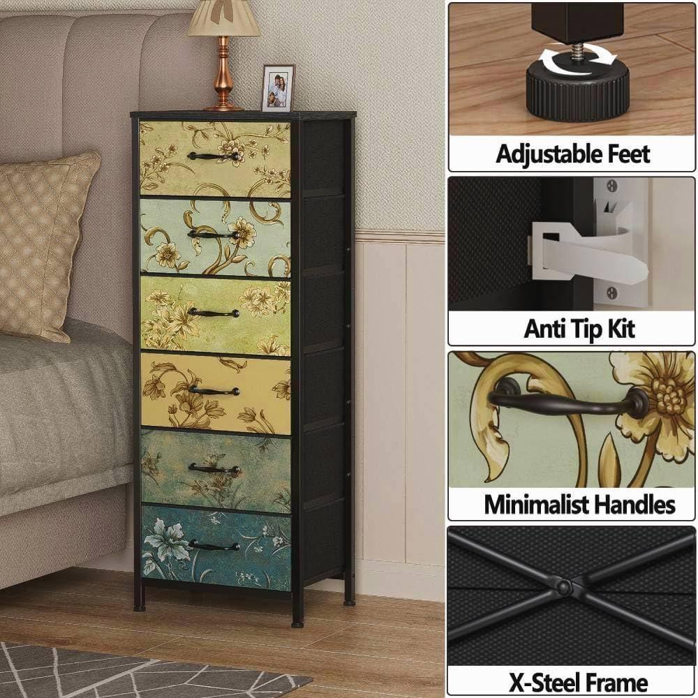 imageFurnulem Tall 6 Drawers Dresser Vintage Storage Organizer Unit with Fabric Bins for Bedroom Living Room Closet Nusery Dorm Entryway Bedside Furniture Sturdy Metal Frame Wood Top118D x 158W x 459H 6 Drawers