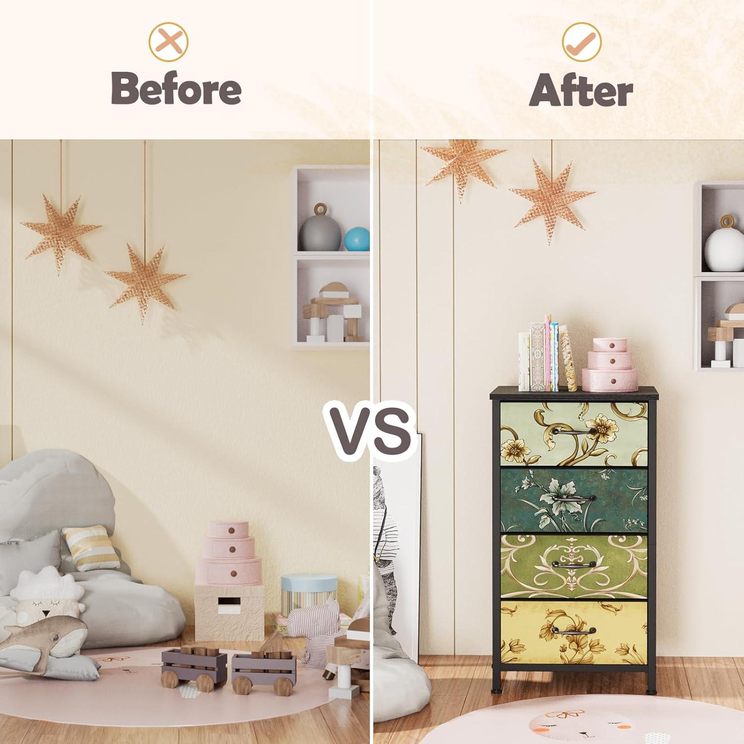 imageFurnulem Tall 6 Drawers Dresser Vintage Storage Organizer Unit with Fabric Bins for Bedroom Living Room Closet Nusery Dorm Entryway Bedside Furniture Sturdy Metal Frame Wood Top118D x 158W x 315H 4 Drawers