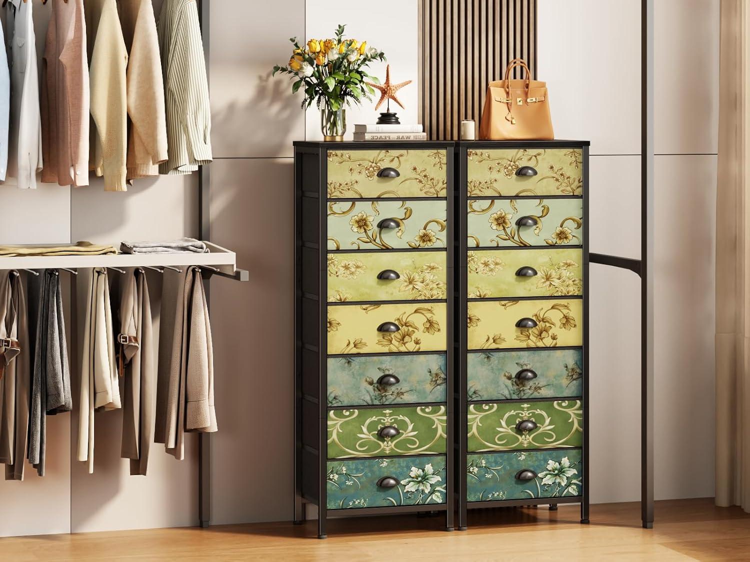 imageFurnulem Tall 6 Drawers Dresser Vintage Storage Organizer Unit with Fabric Bins for Bedroom Living Room Closet Nusery Dorm Entryway Bedside Furniture Sturdy Metal Frame Wood Top158D x 433W x 114H 7 Drawers