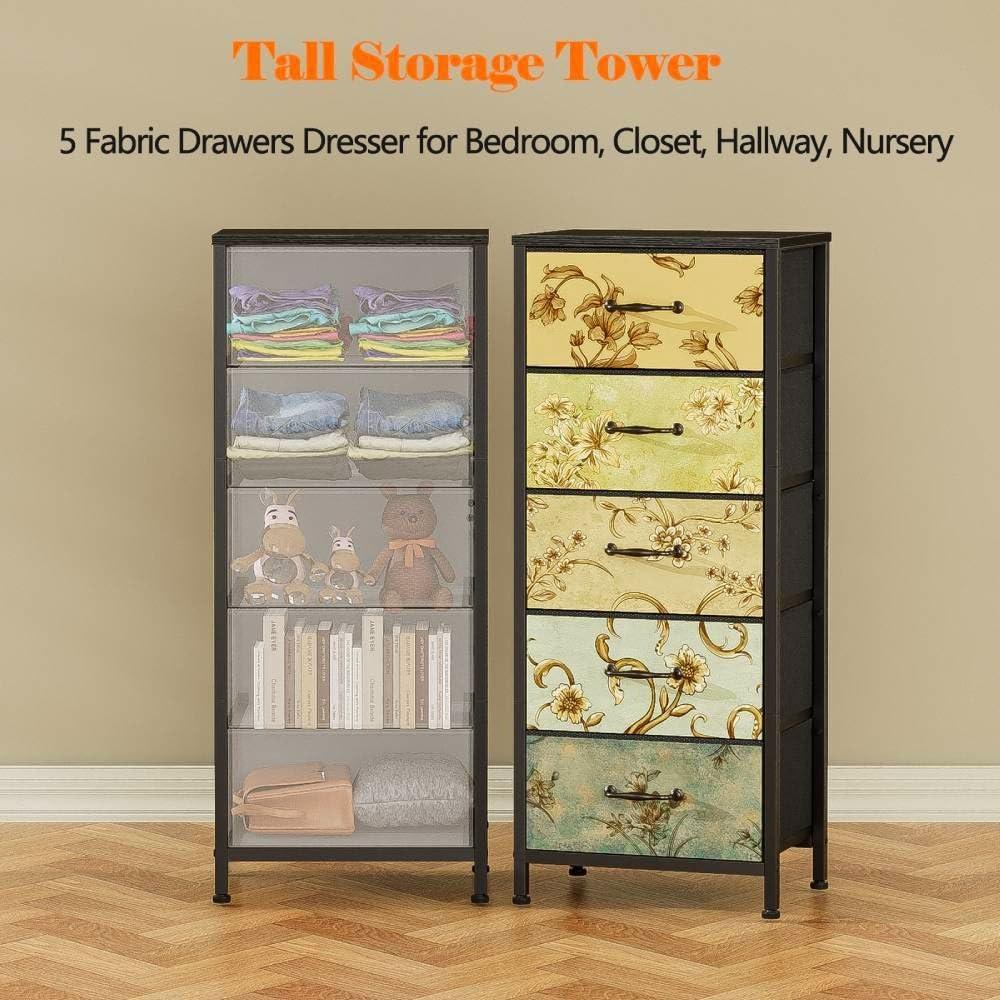 imageFurnulem Tall 6 Drawers Dresser Vintage Storage Organizer Unit with Fabric Bins for Bedroom Living Room Closet Nusery Dorm Entryway Bedside Furniture Sturdy Metal Frame Wood Top118D x 158W x 388H 5 Drawers