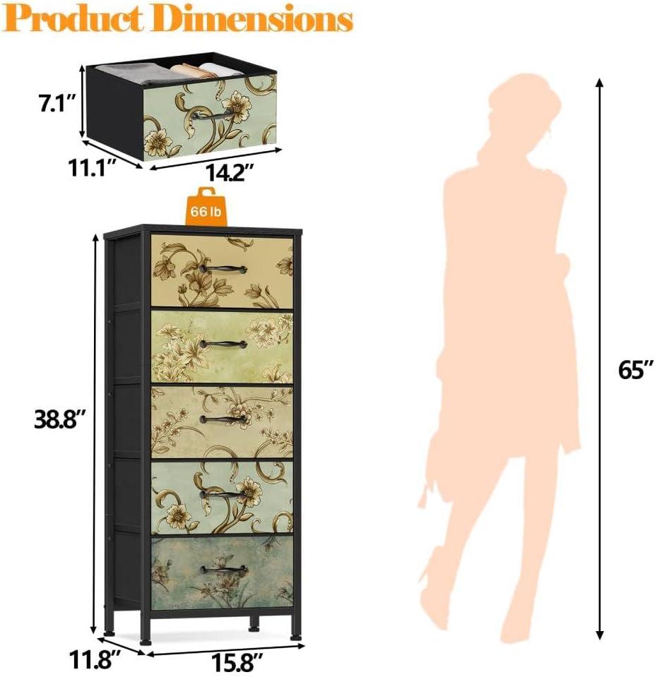 imageFurnulem Tall 6 Drawers Dresser Vintage Storage Organizer Unit with Fabric Bins for Bedroom Living Room Closet Nusery Dorm Entryway Bedside Furniture Sturdy Metal Frame Wood Top118D x 158W x 388H 5 Drawers