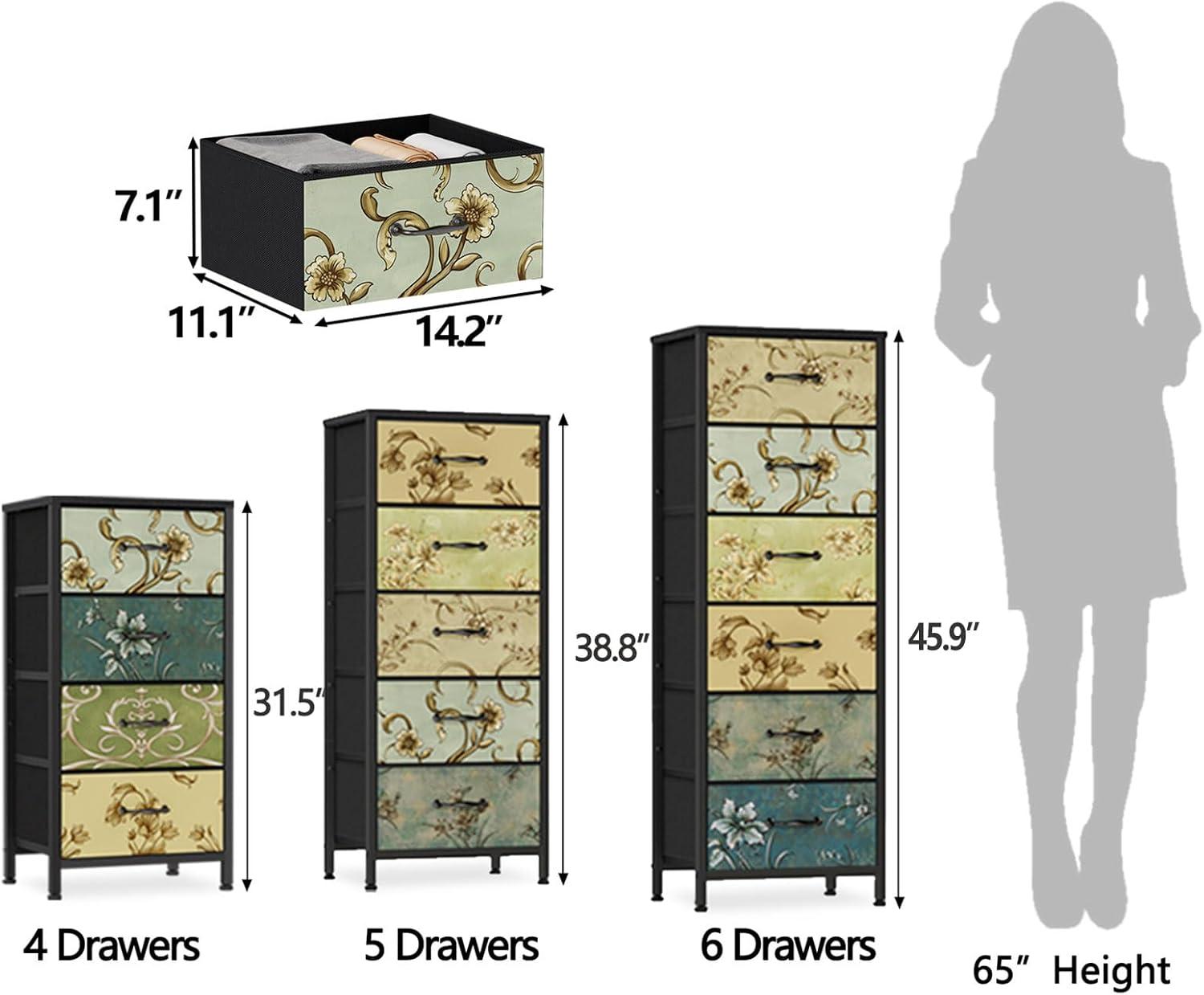 imageFurnulem Tall 6 Drawers Dresser Vintage Storage Organizer Unit with Fabric Bins for Bedroom Living Room Closet Nusery Dorm Entryway Bedside Furniture Sturdy Metal Frame Wood Top118D x 158W x 388H 5 Drawers