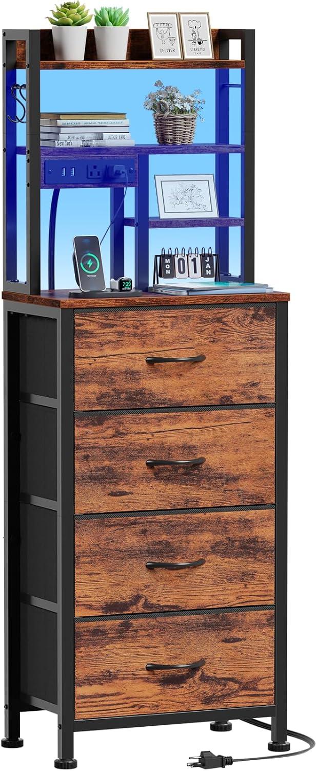 imageFurnulem Tall Night Stand with 3 Fabric Drawers and LED Lights Nightstand with Bookshelf 453inch Tall Bedside Tables with USB Ports in Bedroom Dorm OfficeMetal Frame Wood Shelves Black OakRustic Brown