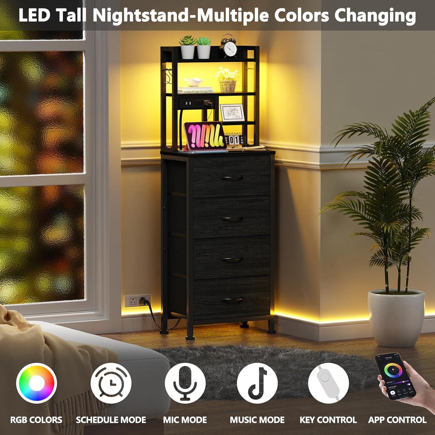 imageFurnulem Tall Night Stand with 3 Fabric Drawers and LED Lights Nightstand with Bookshelf 453inch Tall Bedside Tables with USB Ports in Bedroom Dorm OfficeMetal Frame Wood Shelves Black OakBlack Oak