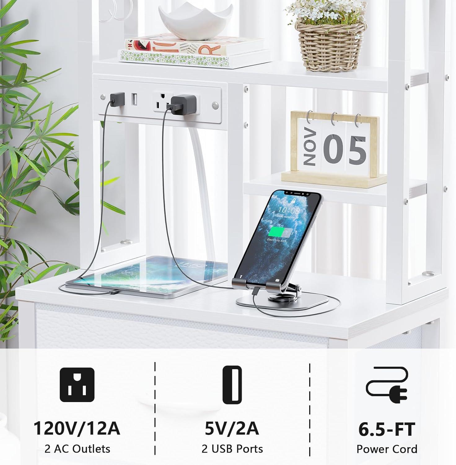 imageFurnulem Tall Night Stand with 3 Fabric Drawers and LED Lights Nightstand with Bookshelf 453inch Tall Bedside Tables with USB Ports in Bedroom Dorm OfficeMetal Frame Wood Shelves Black OakWhite