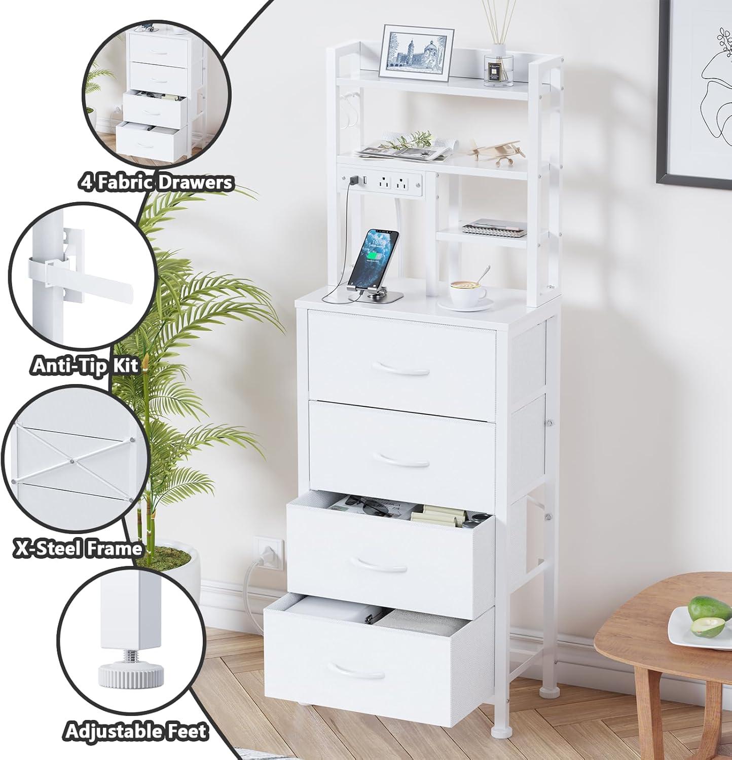 imageFurnulem Tall Night Stand with 3 Fabric Drawers and LED Lights Nightstand with Bookshelf 453inch Tall Bedside Tables with USB Ports in Bedroom Dorm OfficeMetal Frame Wood Shelves Black OakWhite