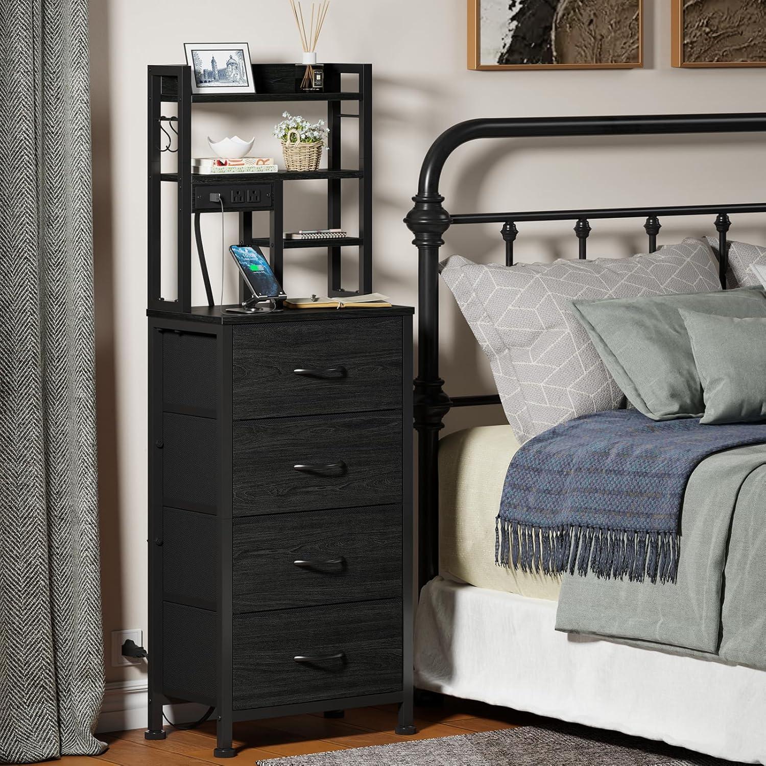 imageFurnulem Tall Night Stand with 3 Fabric Drawers and LED Lights Nightstand with Bookshelf 453inch Tall Bedside Tables with USB Ports in Bedroom Dorm OfficeMetal Frame Wood Shelves Black OakBlack Oak