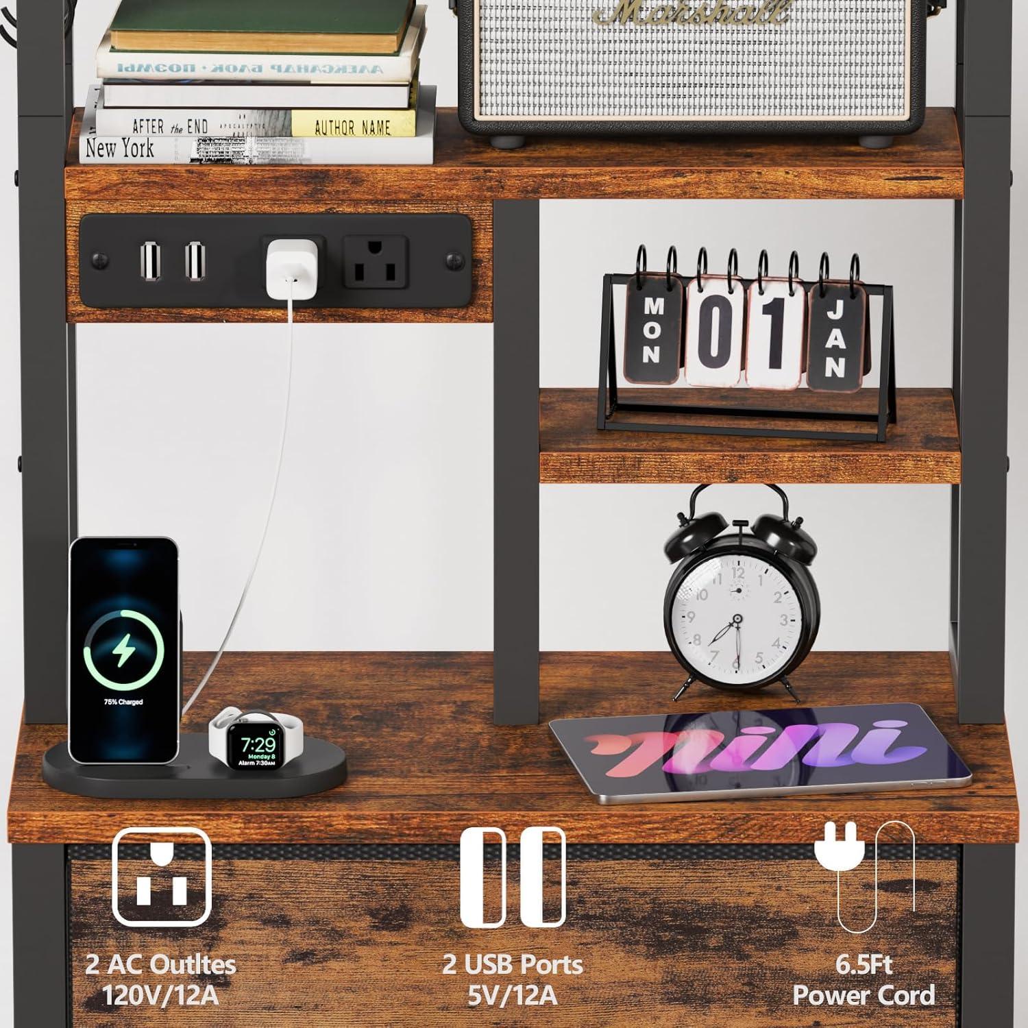 imageFurnulem Tall Night Stand with 3 Fabric Drawers and LED Lights Nightstand with Bookshelf 453inch Tall Bedside Tables with USB Ports in Bedroom Dorm OfficeMetal Frame Wood Shelves Black OakRustic Brown