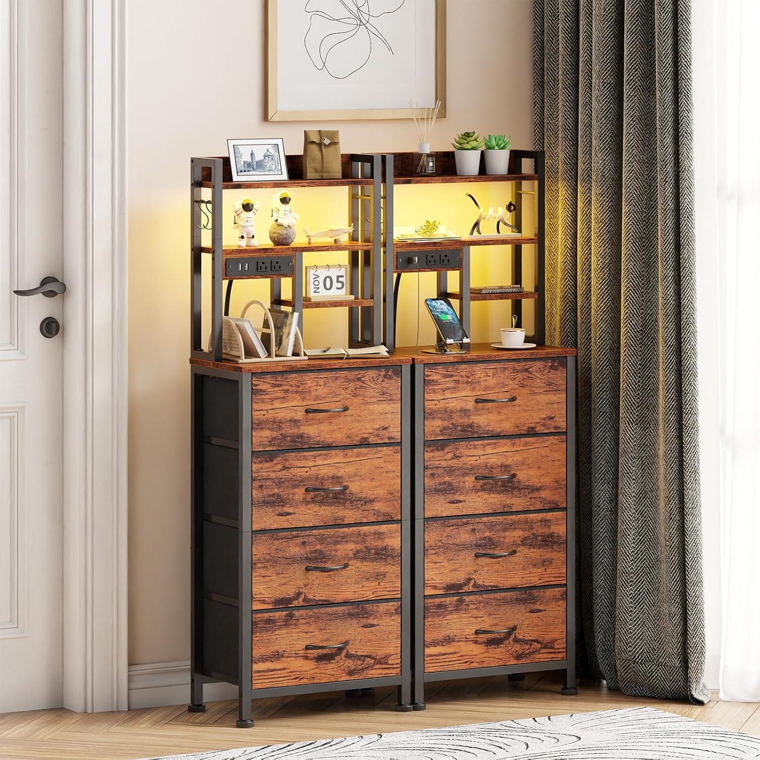 imageFurnulem Tall Night Stand with 3 Fabric Drawers and LED Lights Nightstand with Bookshelf 453inch Tall Bedside Tables with USB Ports in Bedroom Dorm OfficeMetal Frame Wood Shelves Black OakRustic Brown