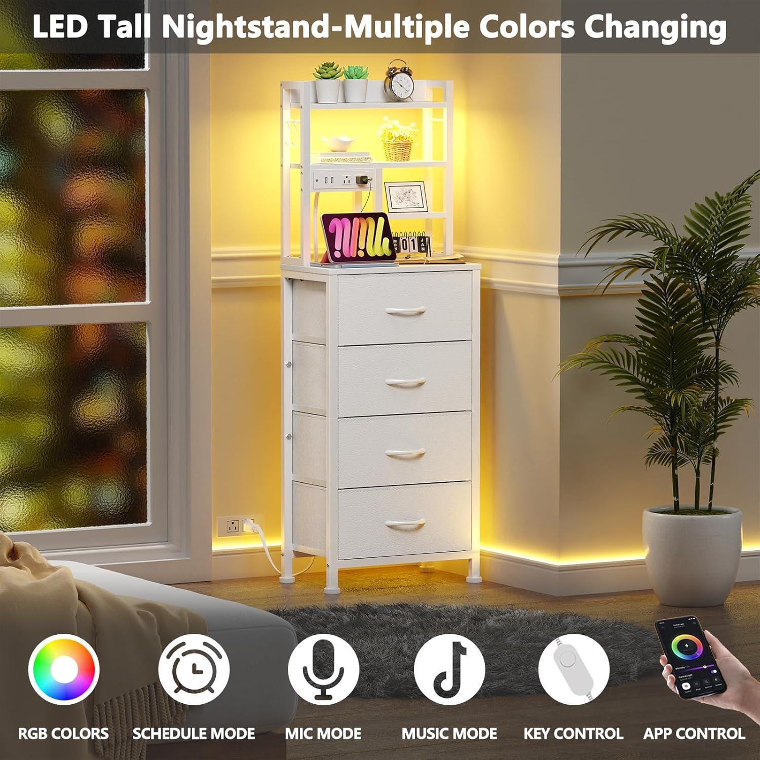 imageFurnulem Tall Night Stand with 3 Fabric Drawers and LED Lights Nightstand with Bookshelf 453inch Tall Bedside Tables with USB Ports in Bedroom Dorm OfficeMetal Frame Wood Shelves Black OakWhite