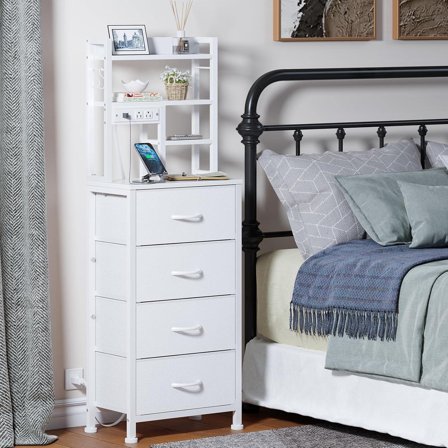 imageFurnulem Tall Night Stand with 3 Fabric Drawers and LED Lights Nightstand with Bookshelf 453inch Tall Bedside Tables with USB Ports in Bedroom Dorm OfficeMetal Frame Wood Shelves Black OakWhite