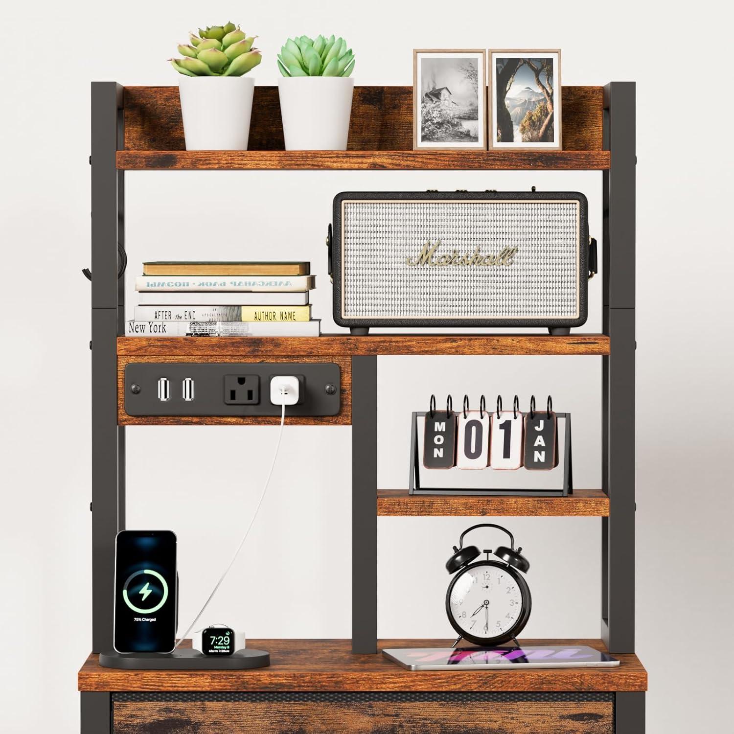 imageFurnulem Tall Night Stand with 3 Fabric Drawers and LED Lights Nightstand with Bookshelf 453inch Tall Bedside Tables with USB Ports in Bedroom Dorm OfficeMetal Frame Wood Shelves Black OakRustic Brown