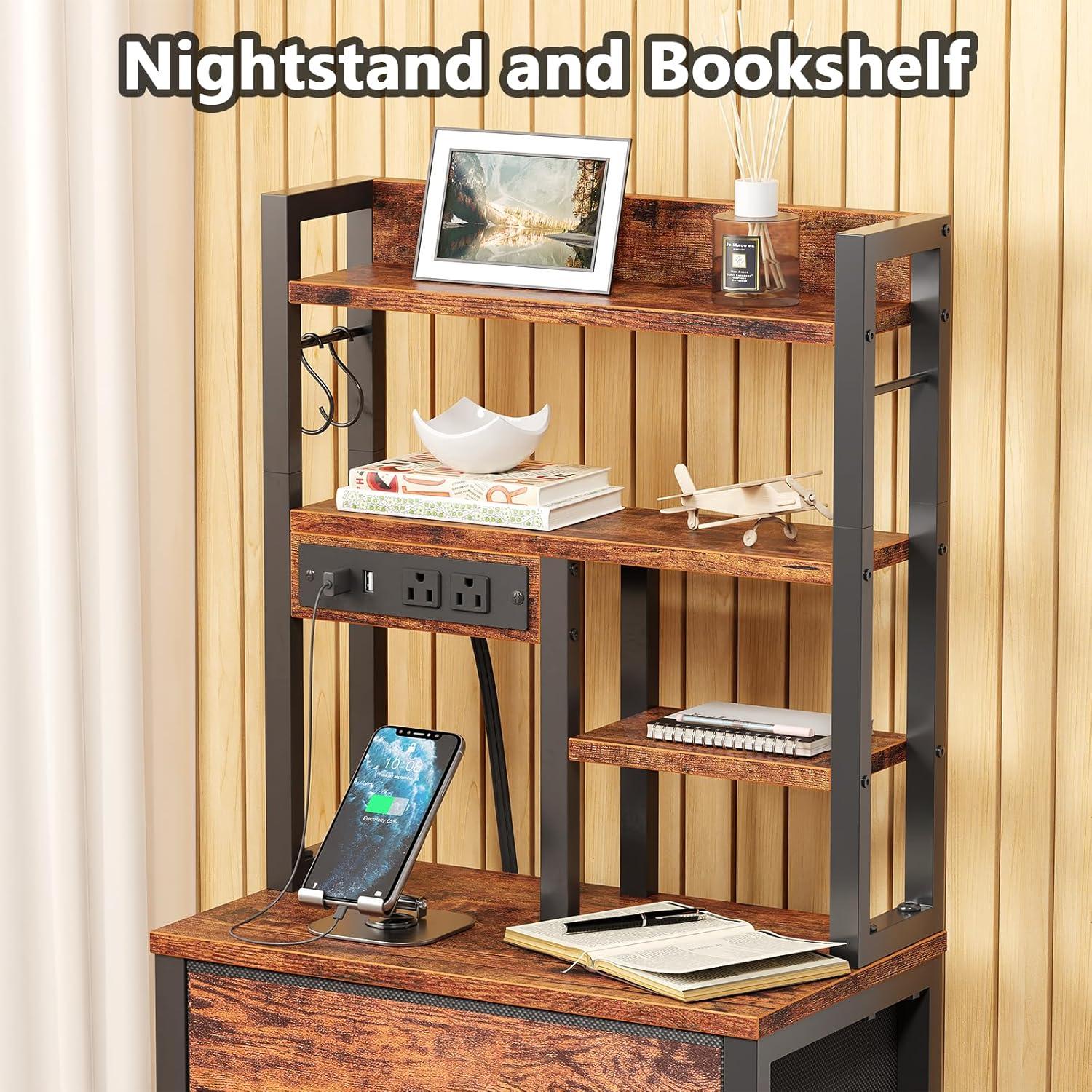 imageFurnulem Tall Night Stand with 3 Fabric Drawers and LED Lights Nightstand with Bookshelf 453inch Tall Bedside Tables with USB Ports in Bedroom Dorm OfficeMetal Frame Wood Shelves Black OakRustic Brown