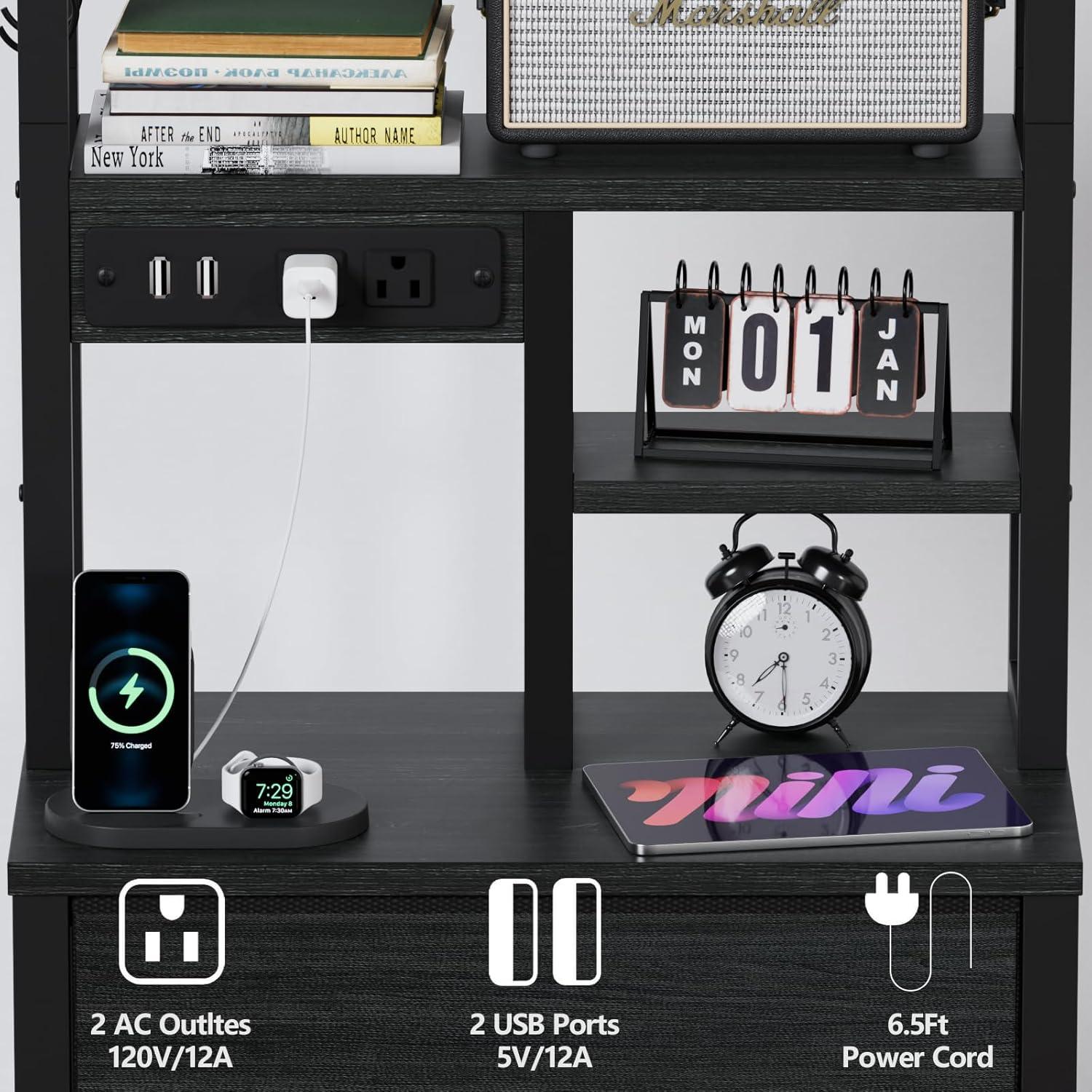 imageFurnulem Tall Night Stand with 3 Fabric Drawers and LED Lights Nightstand with Bookshelf 453inch Tall Bedside Tables with USB Ports in Bedroom Dorm OfficeMetal Frame Wood Shelves Black OakBlack Oak