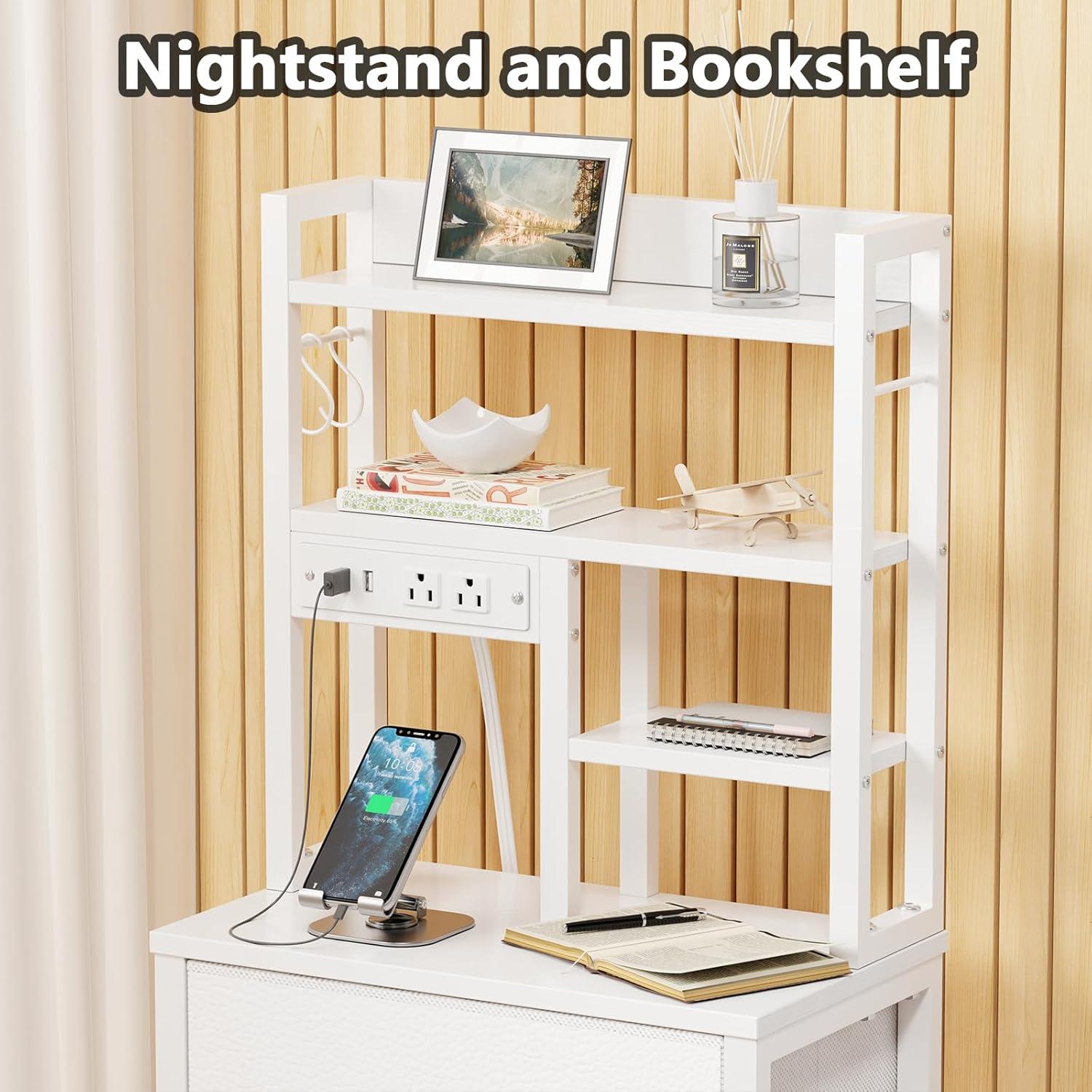 imageFurnulem Tall Night Stand with 3 Fabric Drawers and LED Lights Nightstand with Bookshelf 453inch Tall Bedside Tables with USB Ports in Bedroom Dorm OfficeMetal Frame Wood Shelves Black OakWhite
