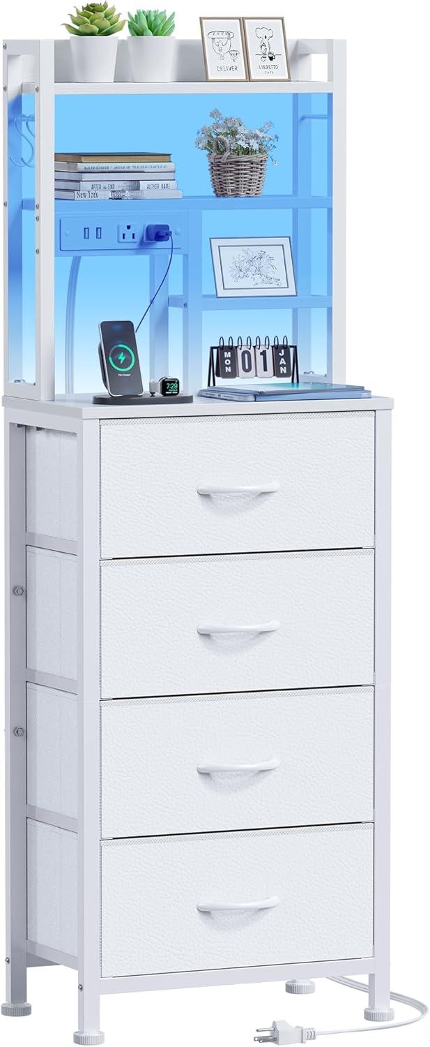 imageFurnulem Tall Night Stand with 3 Fabric Drawers and LED Lights Nightstand with Bookshelf 453inch Tall Bedside Tables with USB Ports in Bedroom Dorm OfficeMetal Frame Wood Shelves Black OakWhite