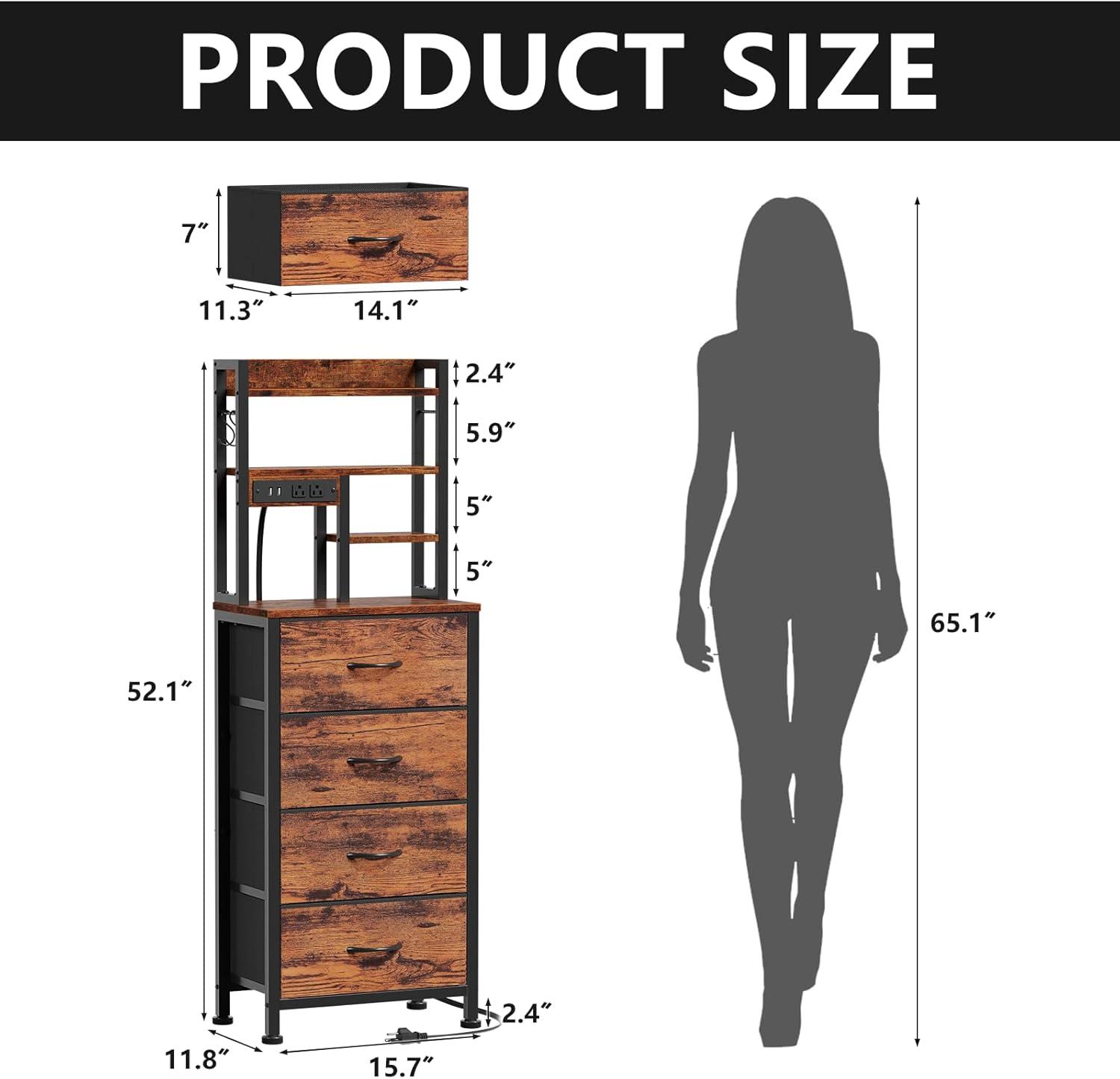 imageFurnulem Tall Night Stand with 3 Fabric Drawers and LED Lights Nightstand with Bookshelf 453inch Tall Bedside Tables with USB Ports in Bedroom Dorm OfficeMetal Frame Wood Shelves Black OakRustic Brown