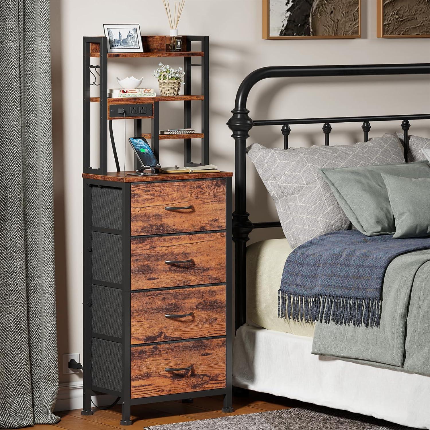 imageFurnulem Tall Night Stand with 3 Fabric Drawers and LED Lights Nightstand with Bookshelf 453inch Tall Bedside Tables with USB Ports in Bedroom Dorm OfficeMetal Frame Wood Shelves Black OakRustic Brown