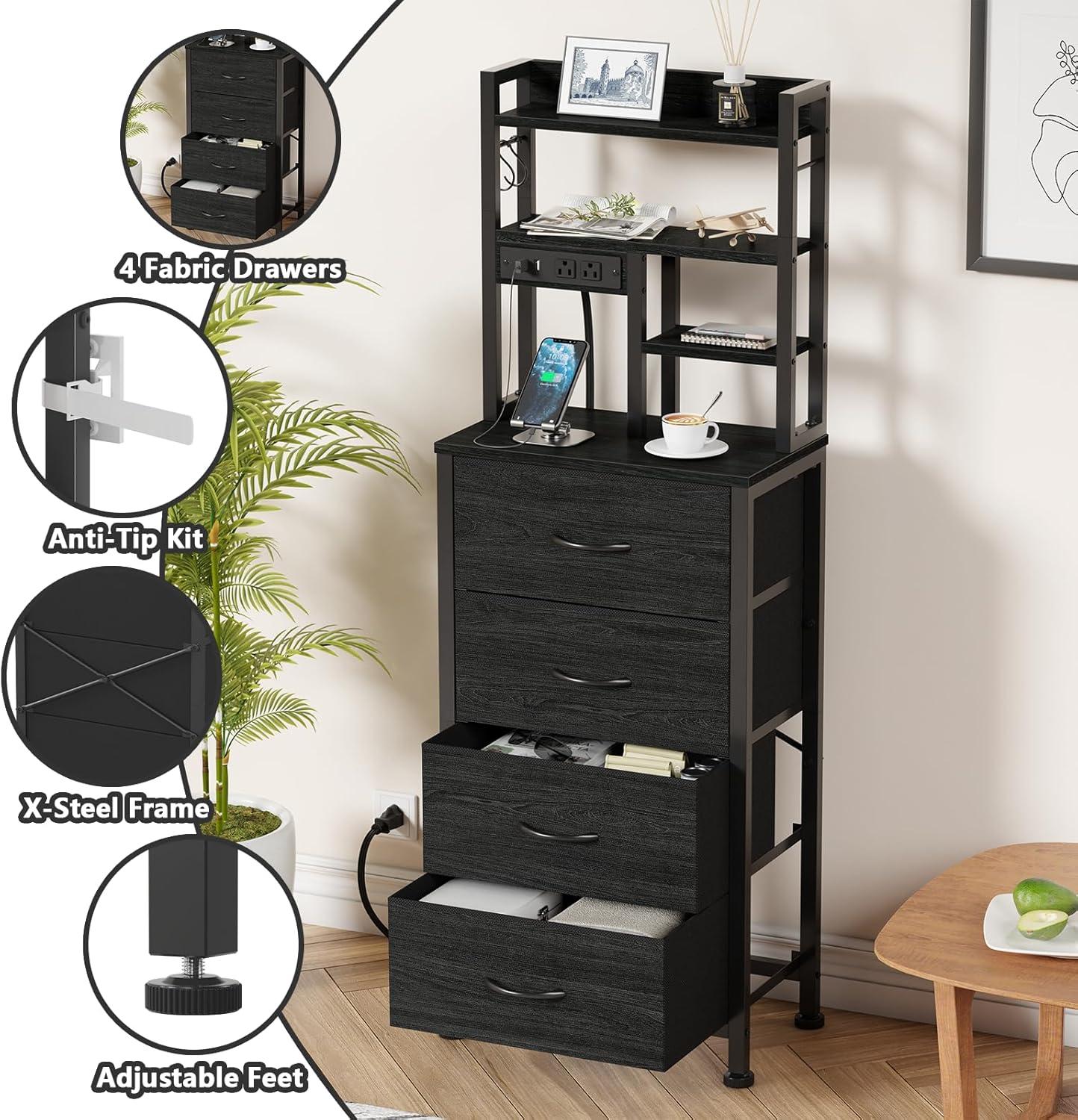 imageFurnulem Tall Night Stand with 3 Fabric Drawers and LED Lights Nightstand with Bookshelf 453inch Tall Bedside Tables with USB Ports in Bedroom Dorm OfficeMetal Frame Wood Shelves Black OakBlack Oak