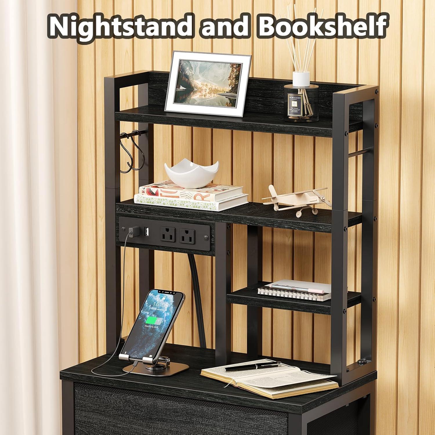 imageFurnulem Tall Night Stand with 3 Fabric Drawers and LED Lights Nightstand with Bookshelf 453inch Tall Bedside Tables with USB Ports in Bedroom Dorm OfficeMetal Frame Wood Shelves Black OakBlack Oak