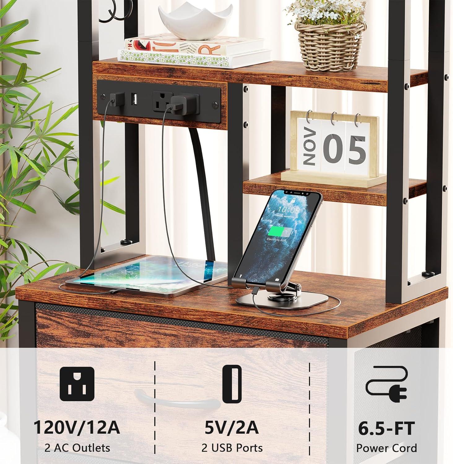 imageFurnulem Tall Night Stand with 3 Fabric Drawers and LED Lights Nightstand with Bookshelf 453inch Tall Bedside Tables with USB Ports in Bedroom Dorm OfficeMetal Frame Wood Shelves Black OakRustic Brown